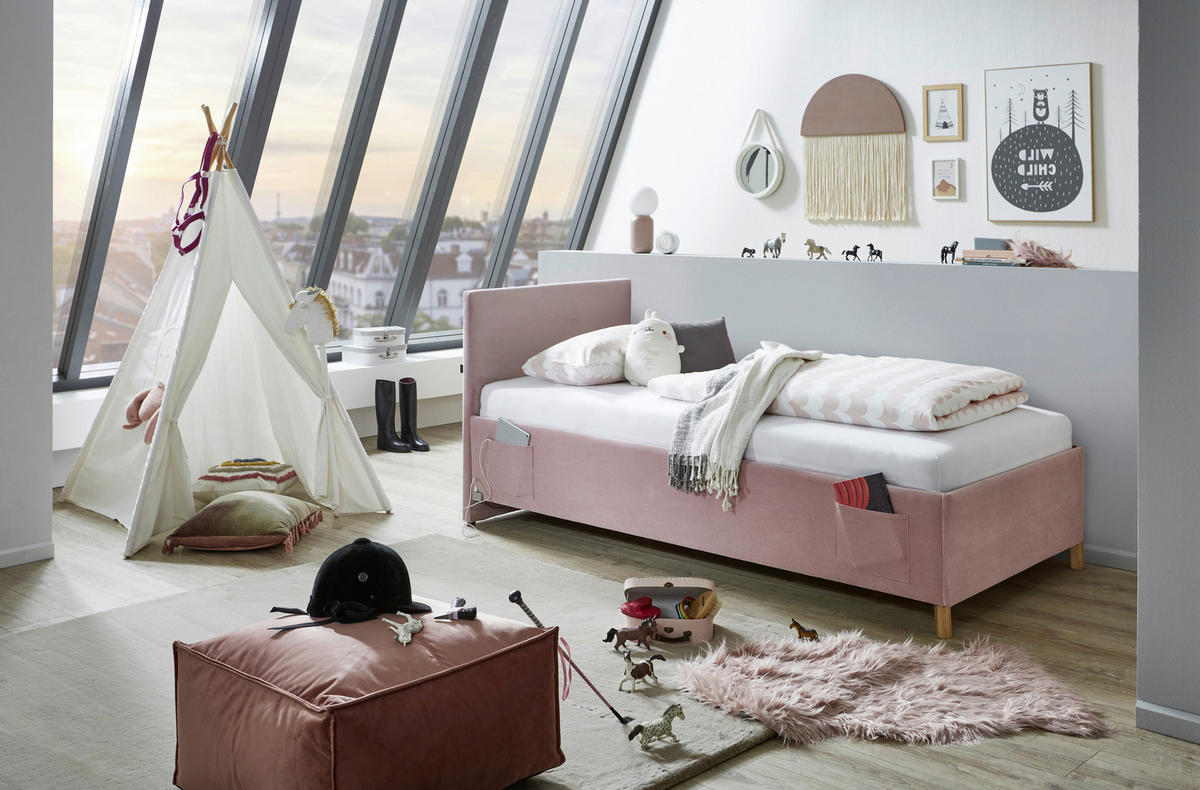 POLSTERBETT 90/200 cm  in Rosa  - Eichefarben/Rosa, Konventionell, Holz/Textil (90/200cm) - Stylife