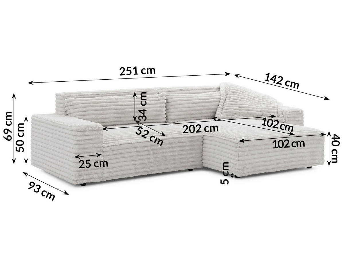 ECKSOFA Cord Hellgrau  - Hellgrau/Schwarz, Design, Kunststoff/Textil (251/142cm) - P & B