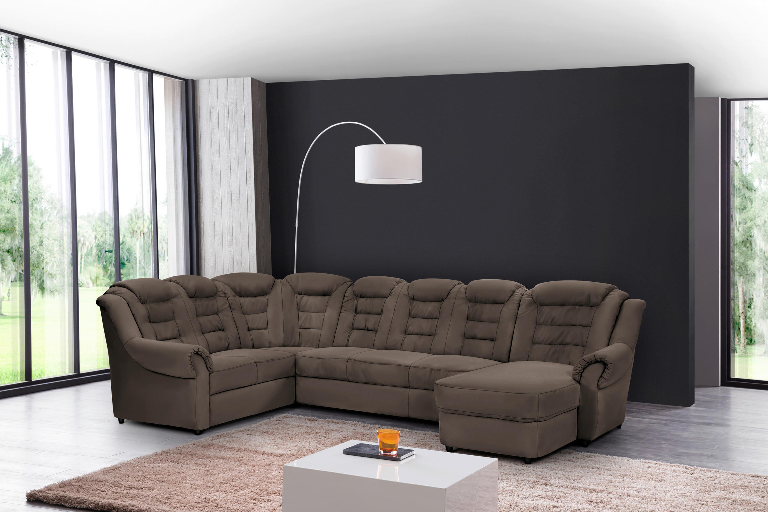 WOHNLANDSCHAFT in Lederlook Braun - Schwarz/Braun, Konventionell, Kunststoff/Textil (216/333/165cm) - Livetastic