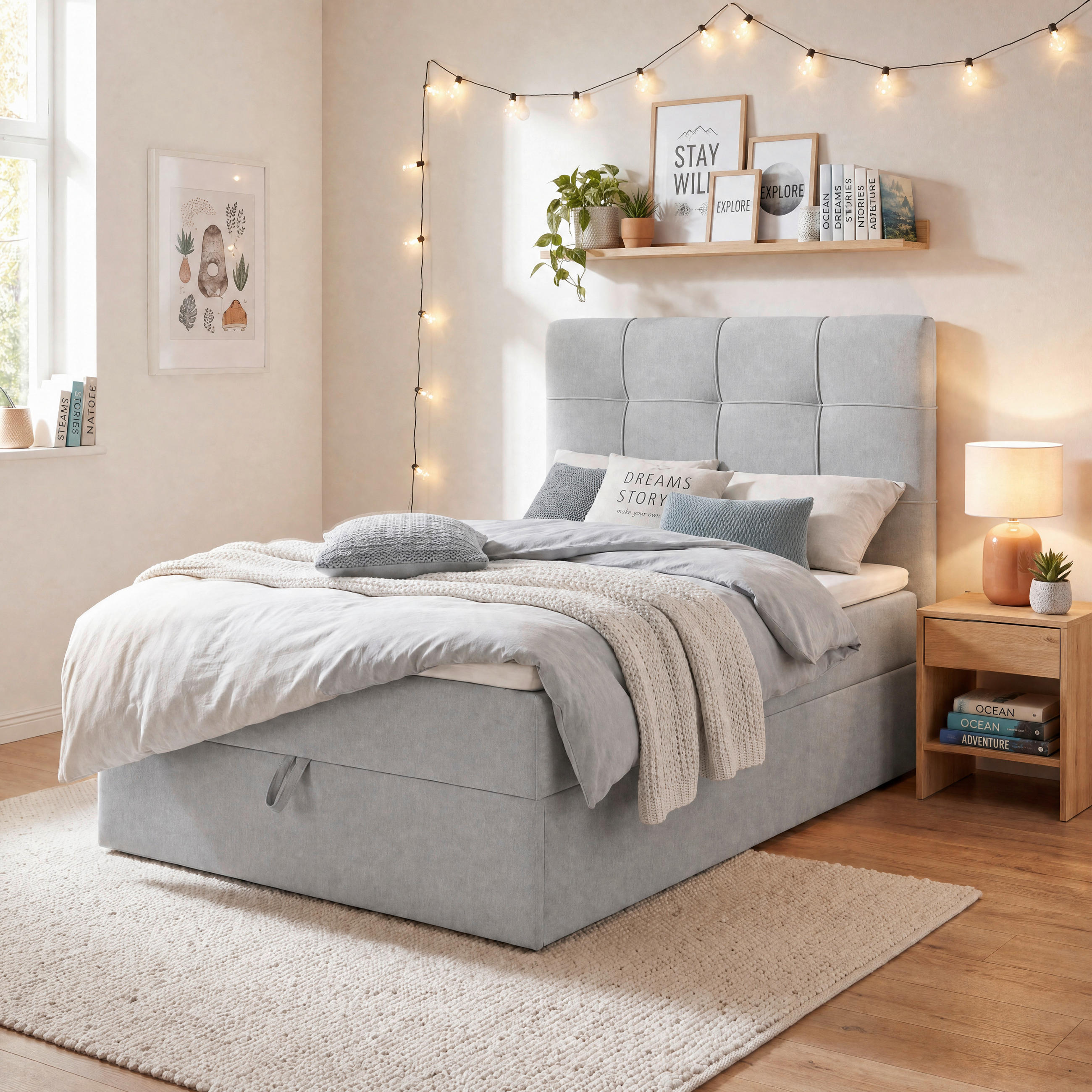 BOXBETT 100/200 cm,  in Hellgrau, Matratze, gepolstertes Kopfteil, Bettkasten, Topper, H3 = fest  - Hellgrau/Schwarz, Basics, Kunststoff/Textil (100/200cm) - Chameo