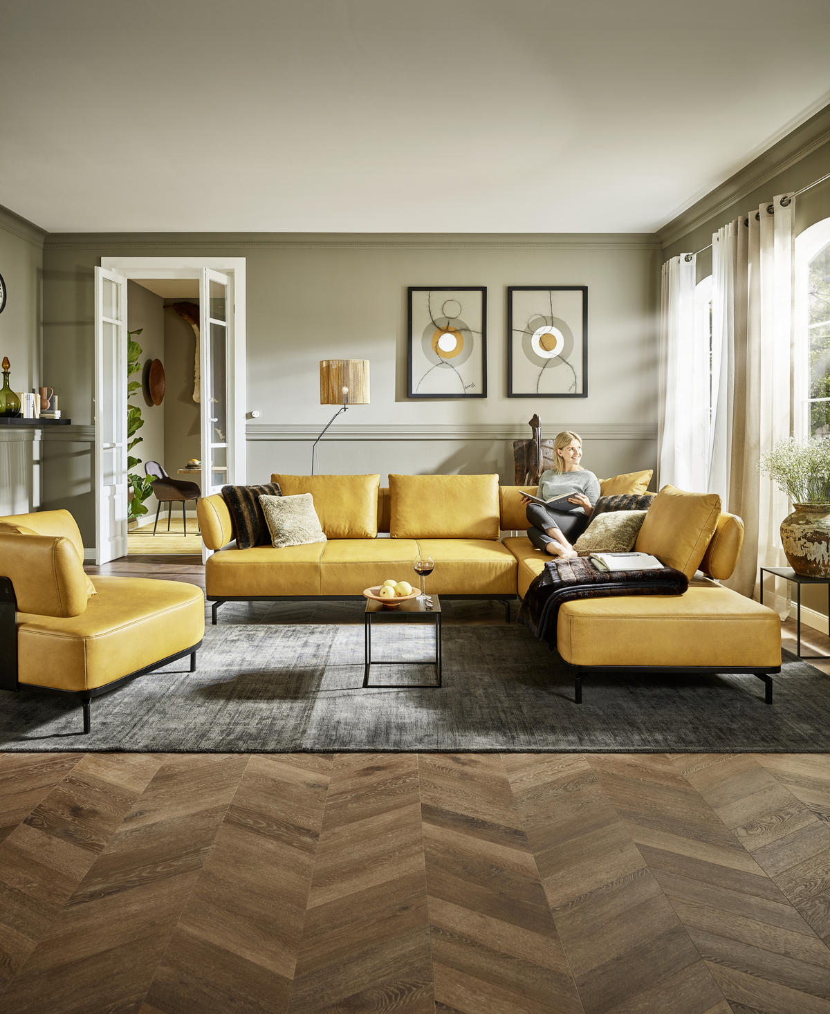ECKSOFA in Echtleder Dunkelgelb  - Dunkelgelb/Schwarz, Design, Leder/Metall (302/237cm) - Dieter Knoll