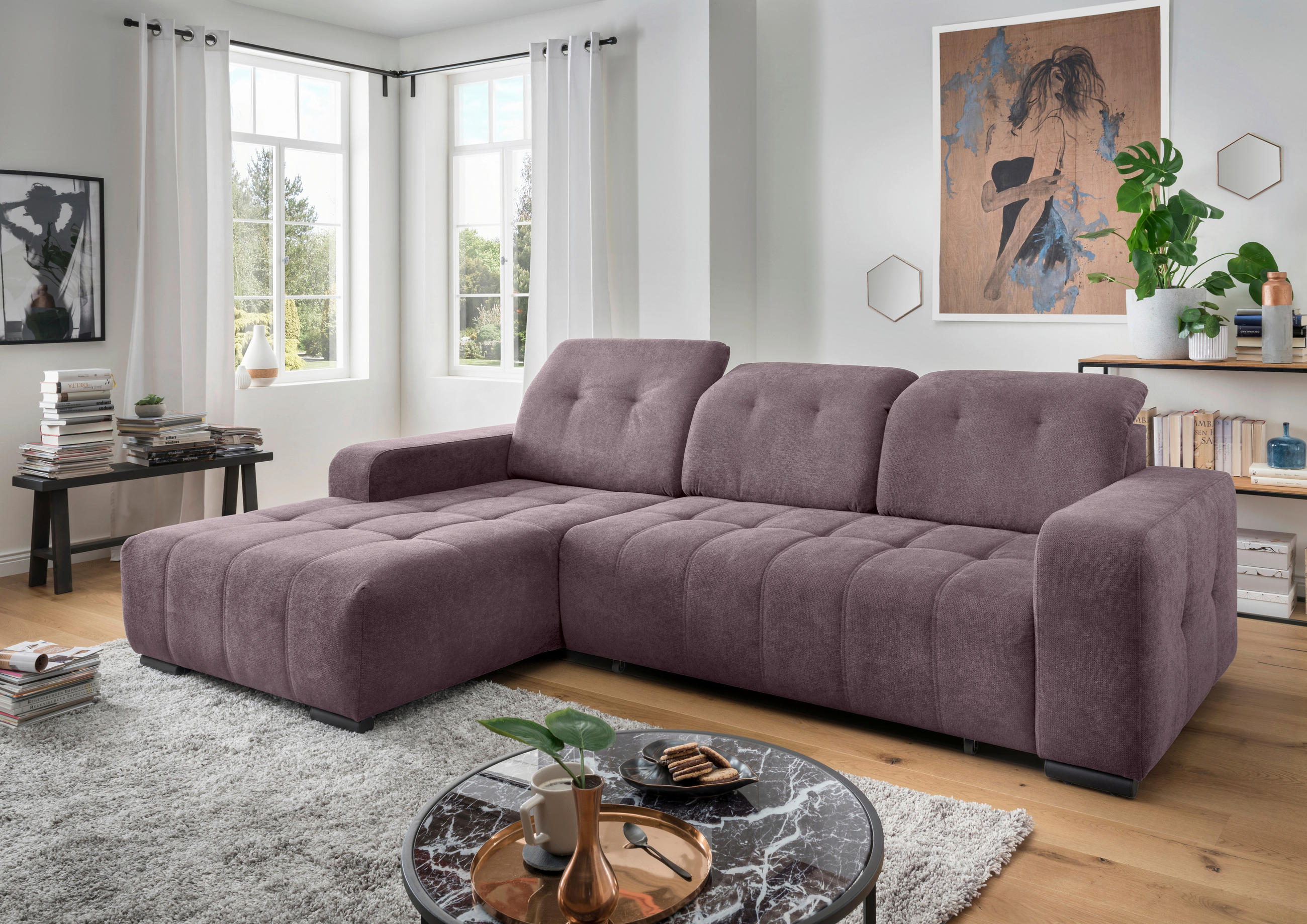 ECKSOFA VICARI Bordeaux Mikrofaser Kopfteilverstellung, Sitzvorzug  - Bordeaux/Schwarz, MODERN, Textil/Metall (185/292cm) - Livetastic