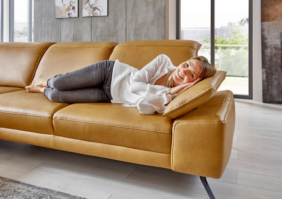 ECKSOFA in Echtleder Hellbraun  - Hellbraun/Schwarz, Design, Leder/Metall (328/193cm) - Dieter Knoll