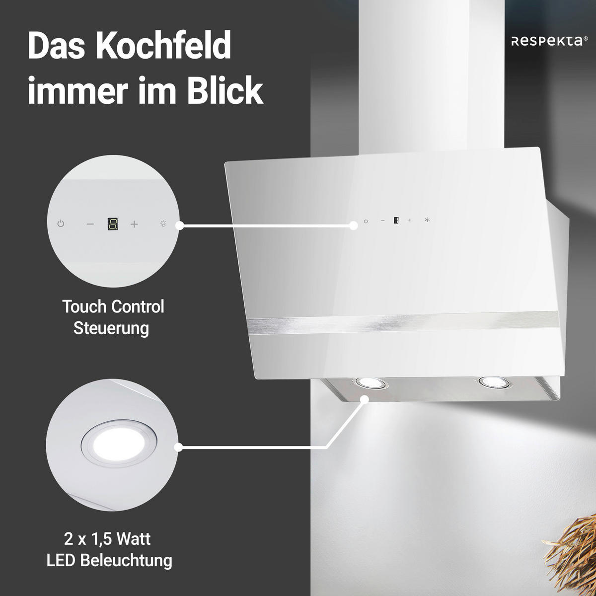 DUNSTABZUGSHAUBE CH24060WAM  - Weiß, Trend, Glas/Metall (59,5/74,2-109,2/38,5cm) - Respekta