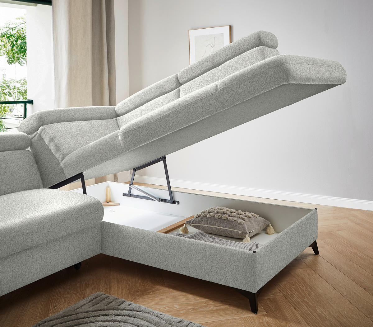 ECKSOFA in Teddystoff Silberfarben  - Silberfarben/Schwarz, Design, Textil/Metall (260/203cm) - Stylife