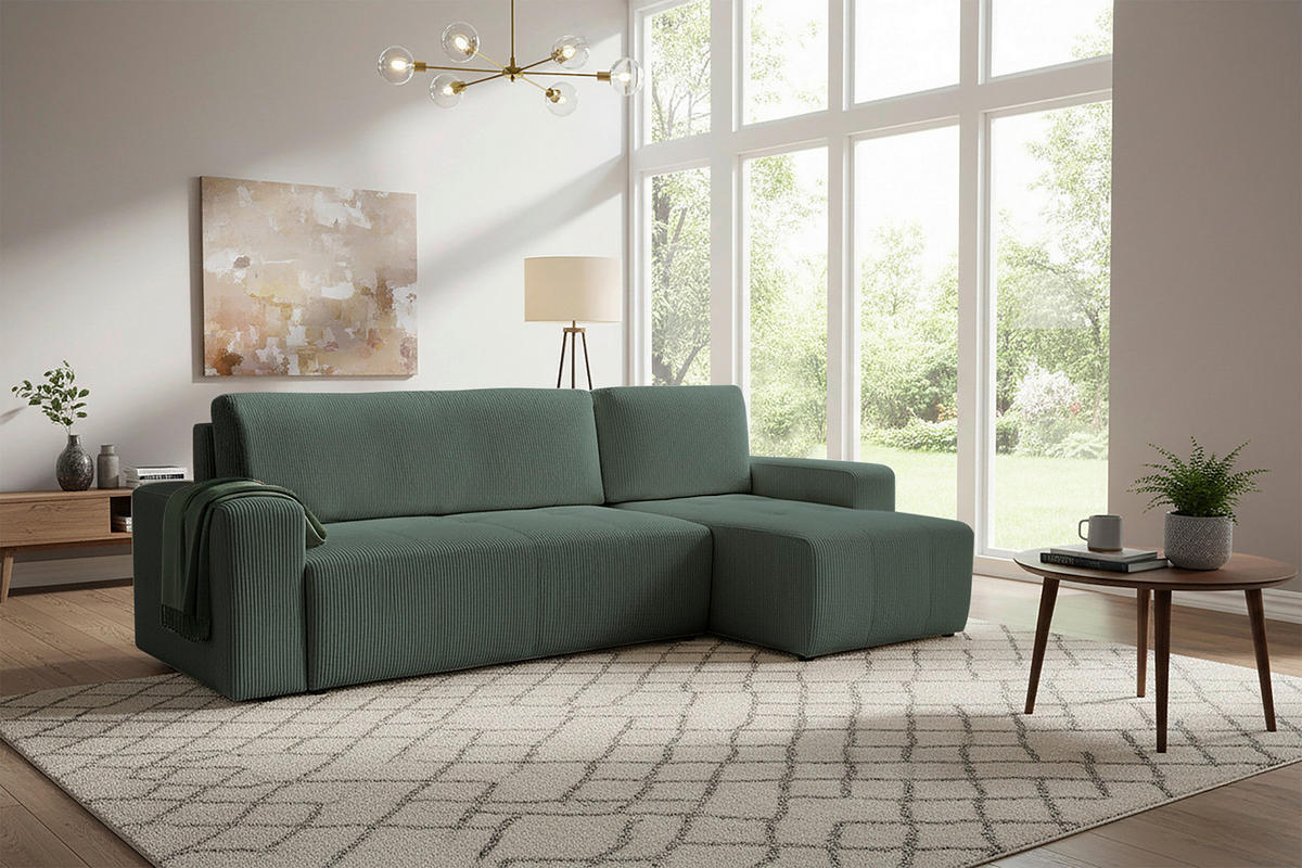 ECKSCHLAFSOFA  mit Cord Dunkelgrün  - Dunkelgrün/Schwarz, KONVENTIONELL, Textil (248/146cm) - Xora