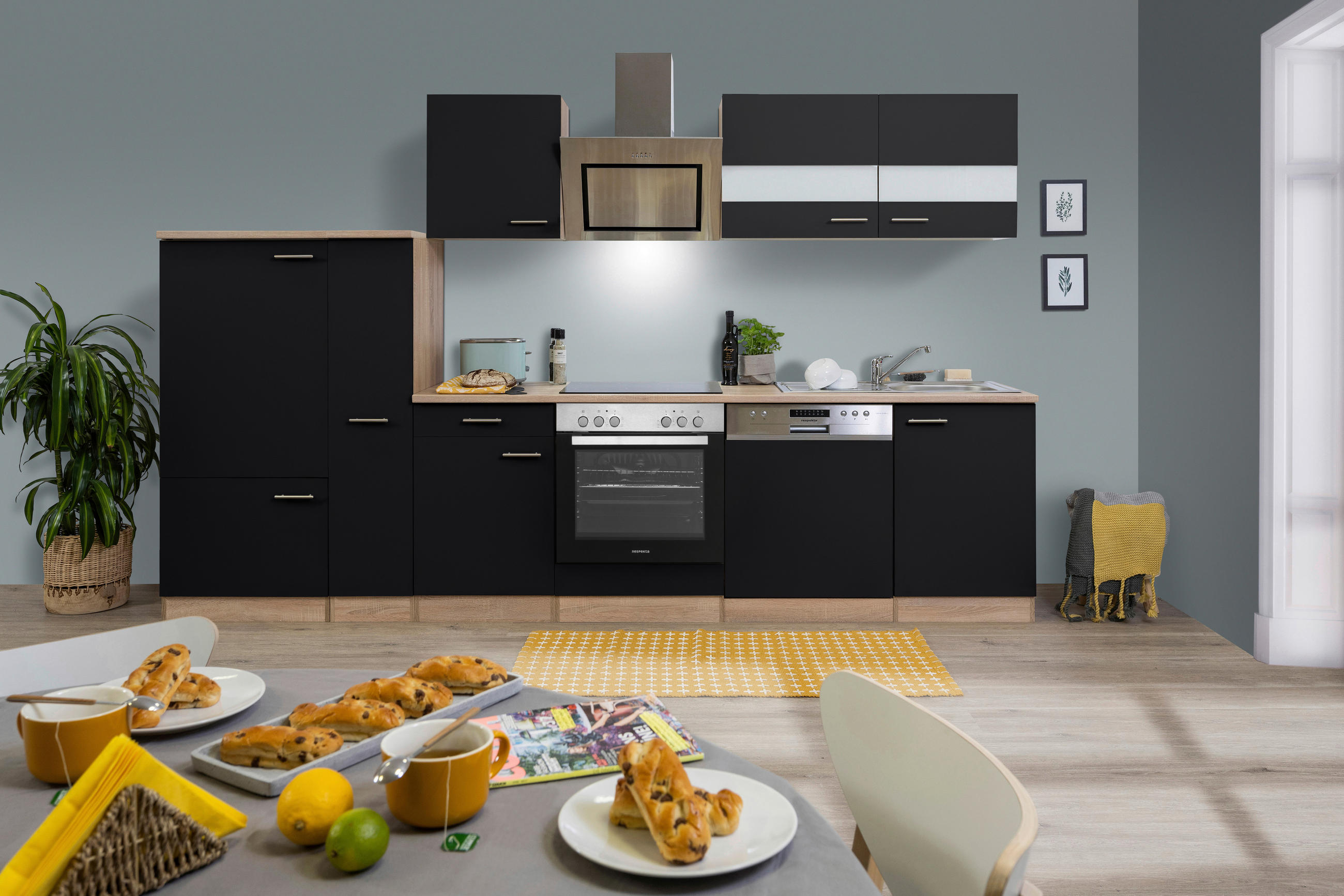 KÜCHENBLOCK 310 cm   in Schwarz  - Edelstahlfarben/Eichefarben, Basics, Holzwerkstoff/Metall (310cm) - Respekta