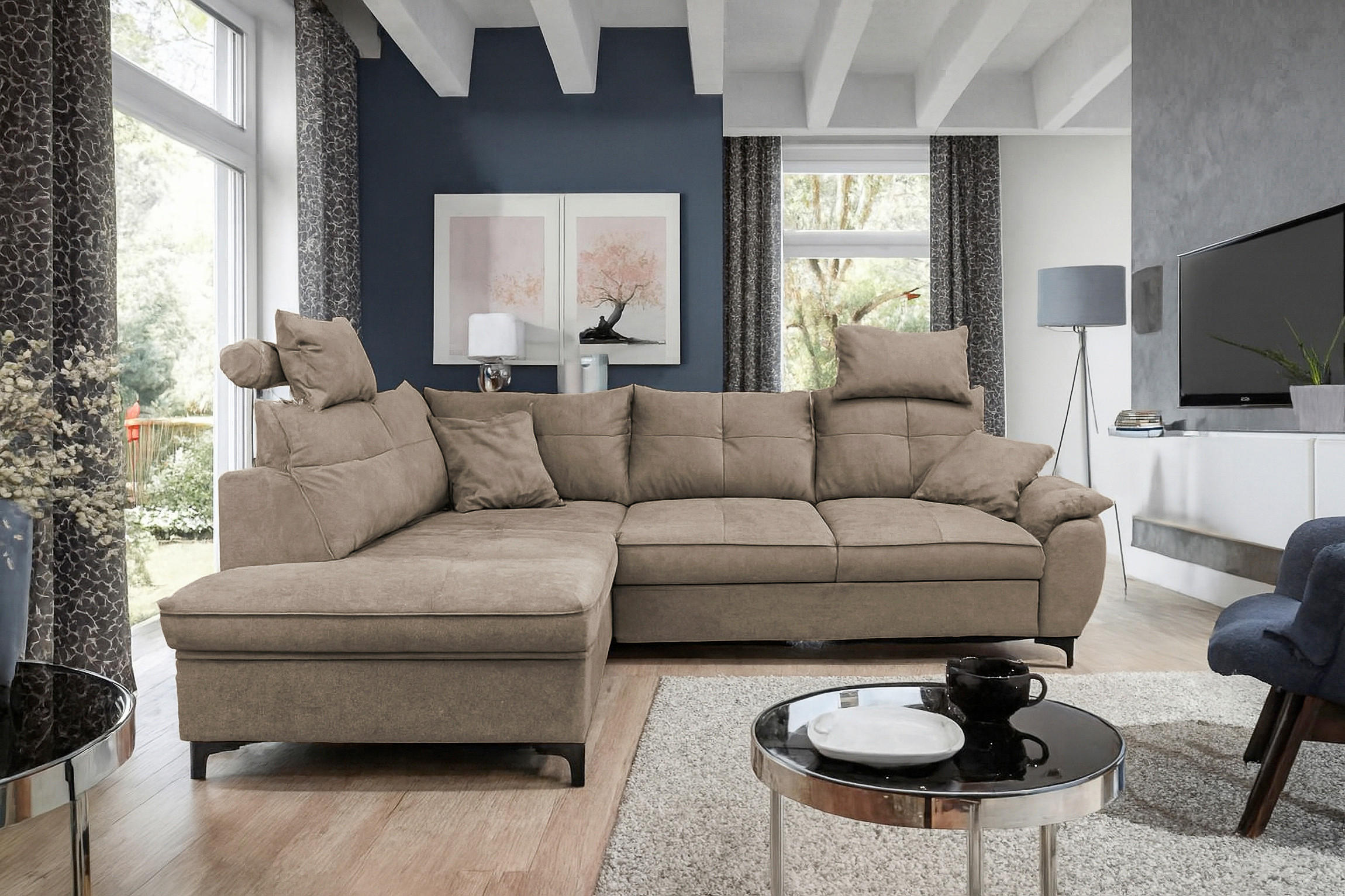 ECKSOFA SOLEI Taupe Chenille Zierkissen, Bettkasten, Kopfstütze  - Taupe/Schwarz, Design, Kunststoff/Textil (203/265cm) - MID.YOU