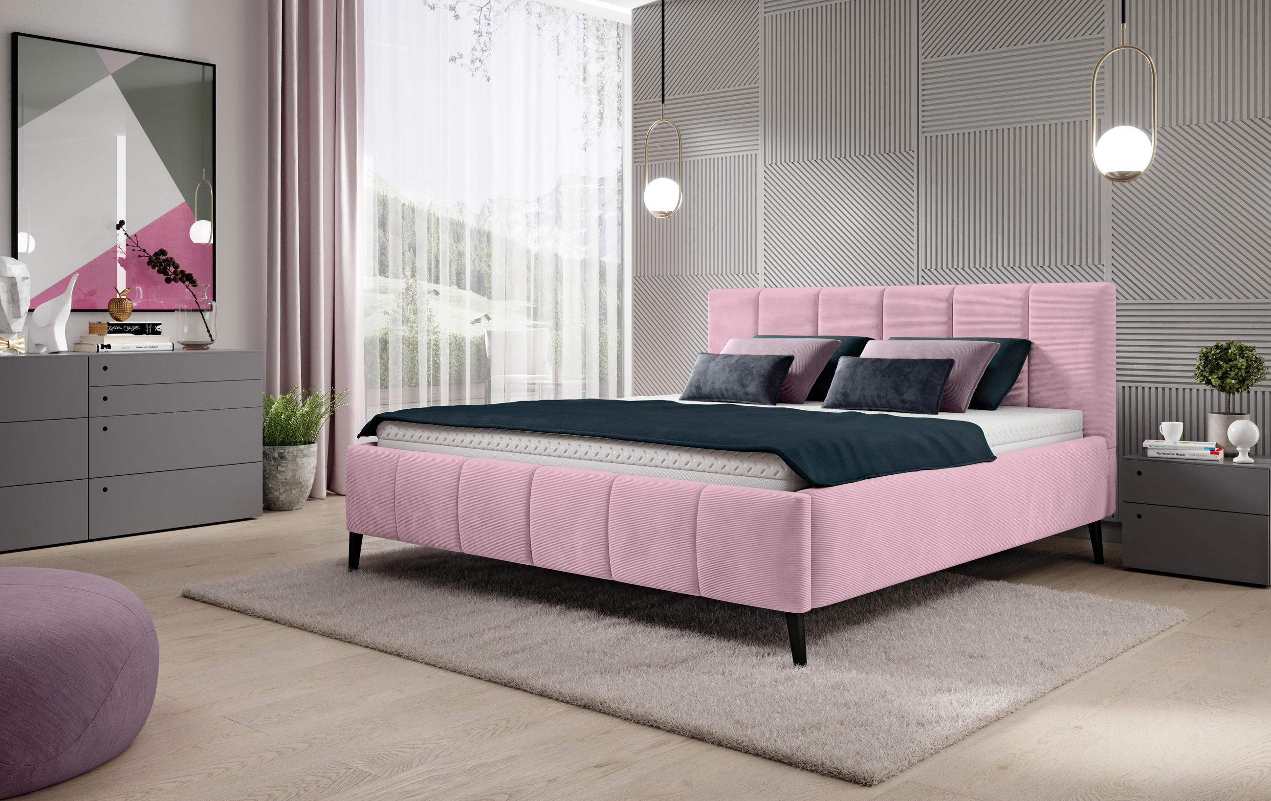 POLSTERBETT gepolstertes Kopfteil, Lattenrost 140/200 cm  in Rosa  - Schwarz/Naturfarben, Trend, Holz/Textil (140/200cm) - home24
