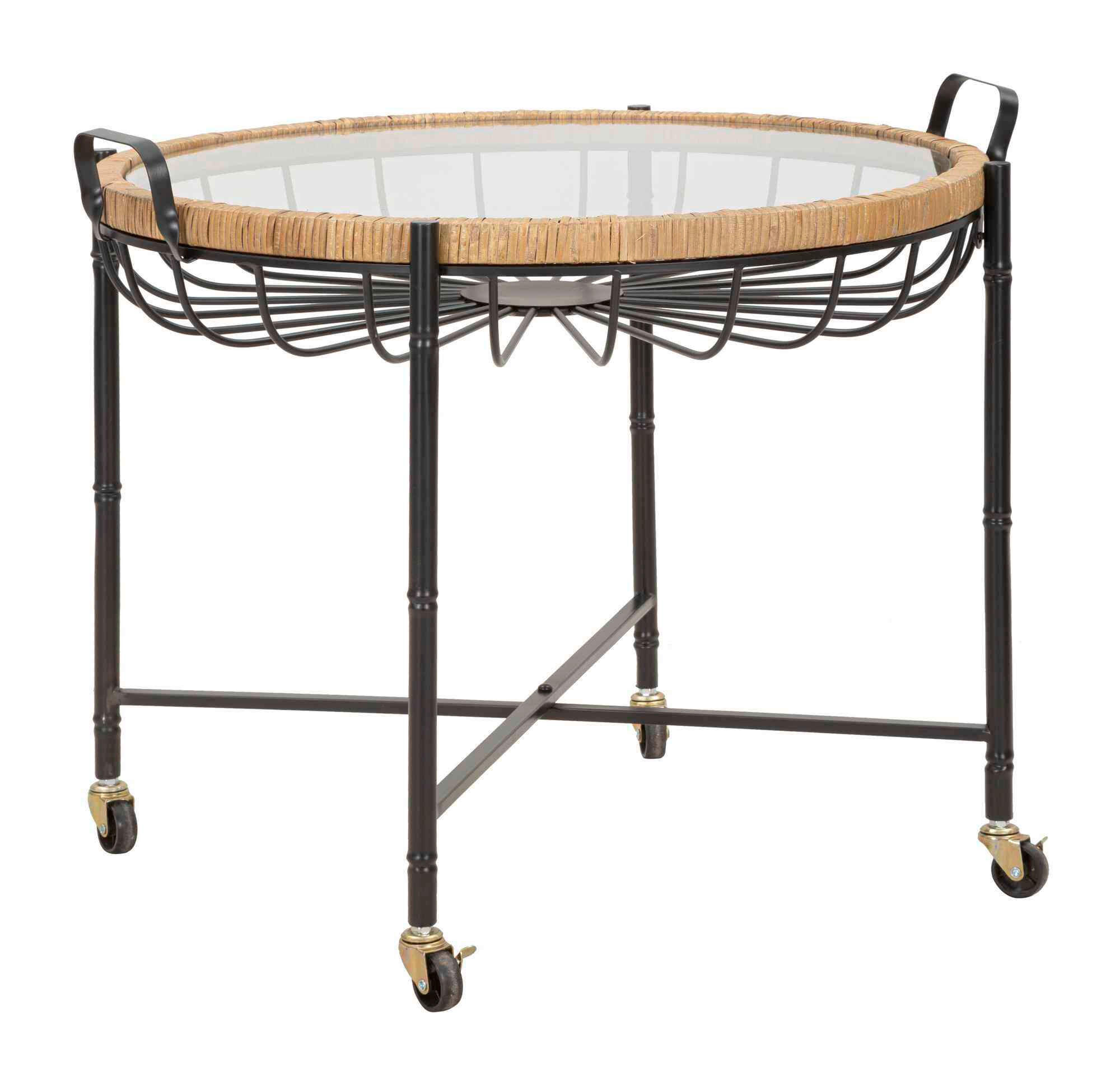 COUCHTISCH Rattan Spiegelglas Naturfarben, Schwarz  - Schwarz/Naturfarben, Basics, Glas/Holz (70,5/57/65cm)