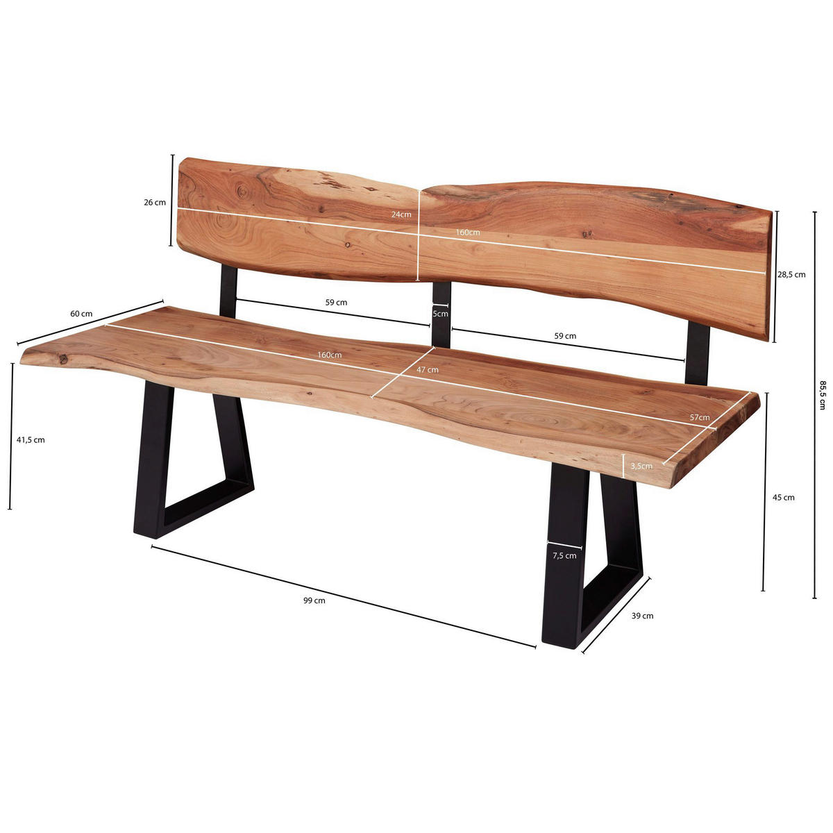 SITZBANK 160/83,5/60 cm Akaziefarben Akazie massiv Metall  - Schwarz/Akaziefarben, MODERN, Holz/Metall (160/83,5/60cm) - MID.YOU