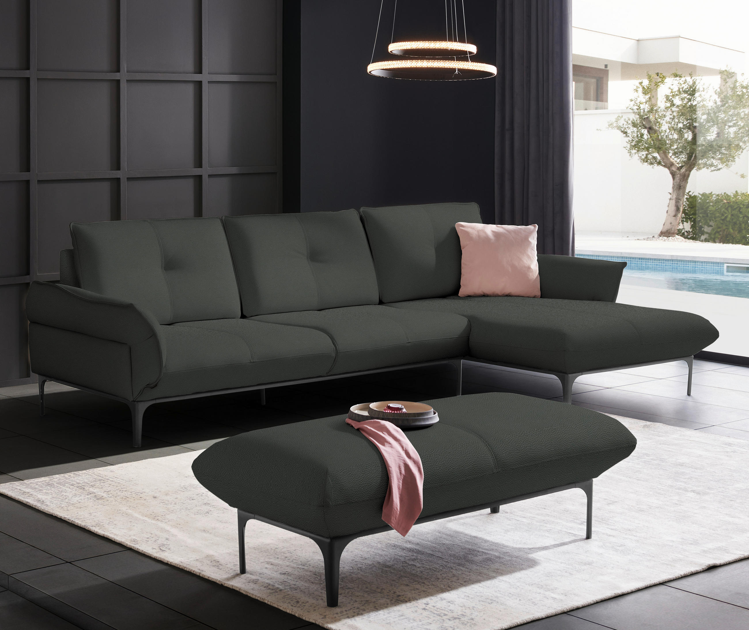 ECKSOFA in Echtleder Anthrazit  - Anthrazit/Schwarz, Design, Leder/Metall (319/182cm) - Valnatura