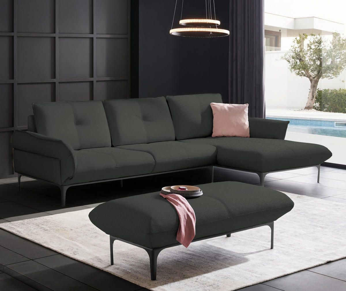 ECKSOFA in Echtleder Anthrazit  - Anthrazit/Schwarz, Design, Leder/Metall (319/182cm) - Valnatura