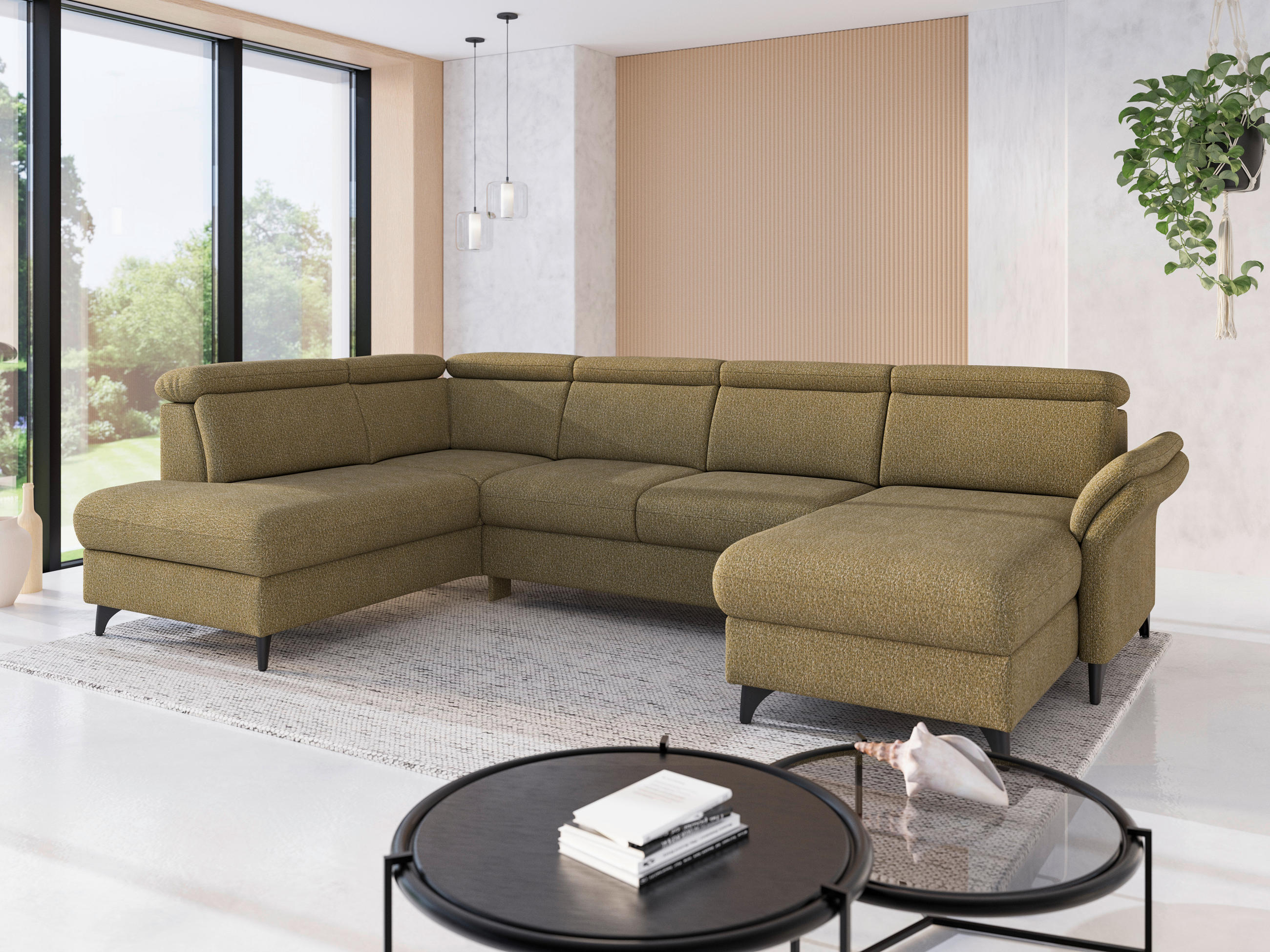 WOHNLANDSCHAFT GLENDALE E Olivgrün Chenille  - Schwarz/Olivgrün, KONVENTIONELL, Textil/Metall (193/321/166cm) - Sit & More