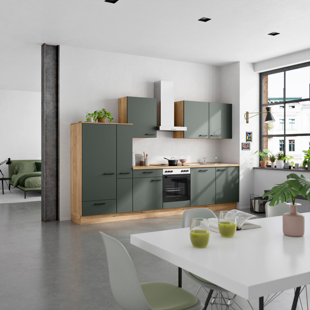 KÜCHENBLOCK Easytouch 330 cm  in Eichefarben, Dunkelgrün  - Dunkelgrün/Eichefarben, MODERN, Holzwerkstoff/Metall (330cm) - Nobilia
