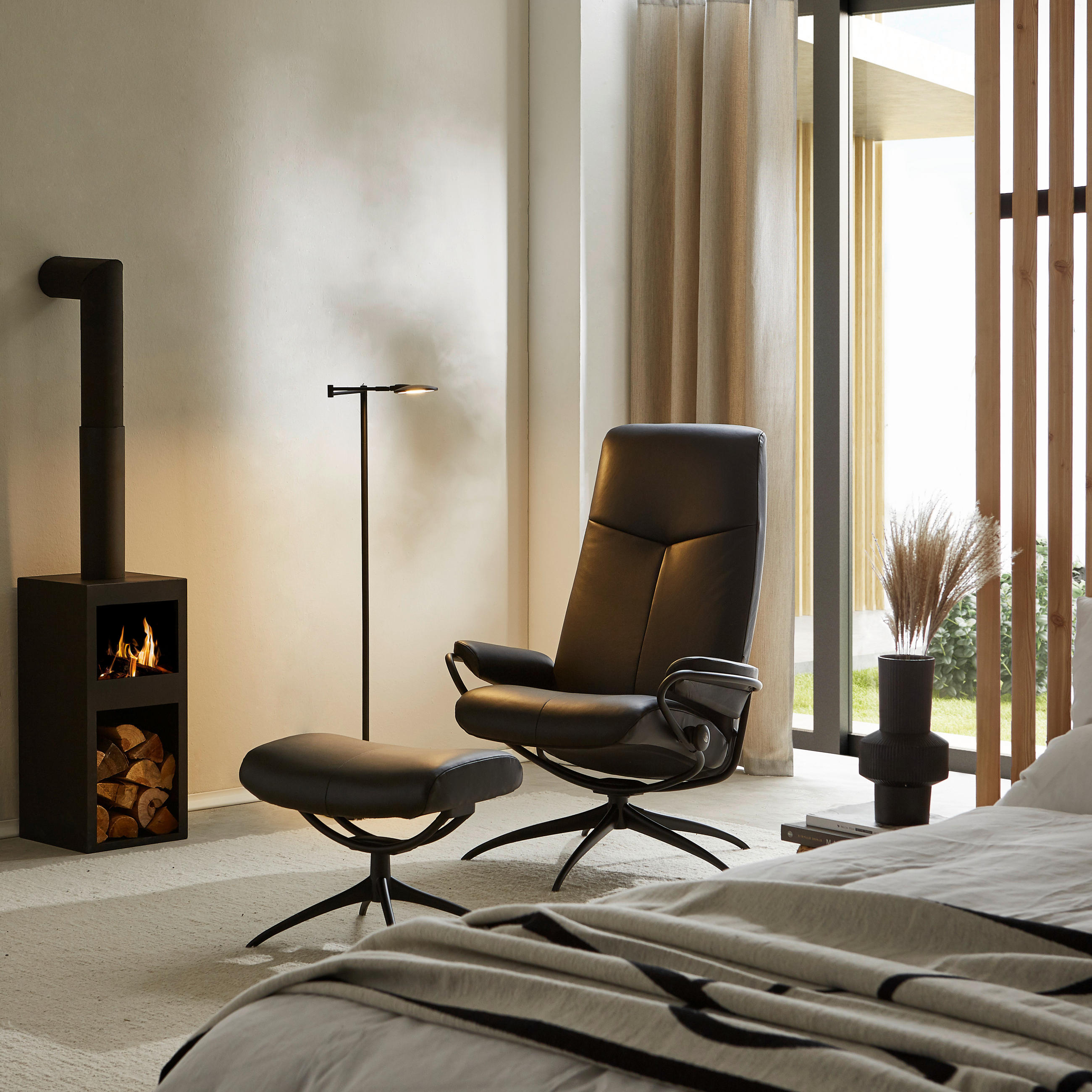 SESSELSET CITY Echtleder Relaxfunktion, Hocker - Schwarz, Design, Leder/Metall (80/113/75cm) - Stressless
