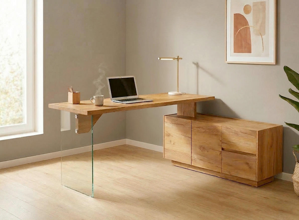 ECKSCHREIBTISCH 160/136/74 cm Eichefarben Stauraum, seitenverkehrt montierbar  - Eichefarben, Design, Glas/Holzwerkstoff (160/136/74cm) - MID.YOU