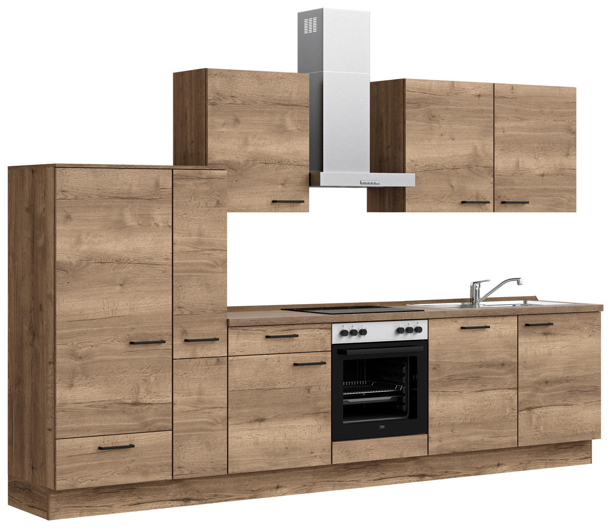 KÜCHENBLOCK 330 cm   in Eiche dunkel  - Eiche dunkel/Eichefarben, MODERN, Holzwerkstoff/Metall (330cm) - Nobilia