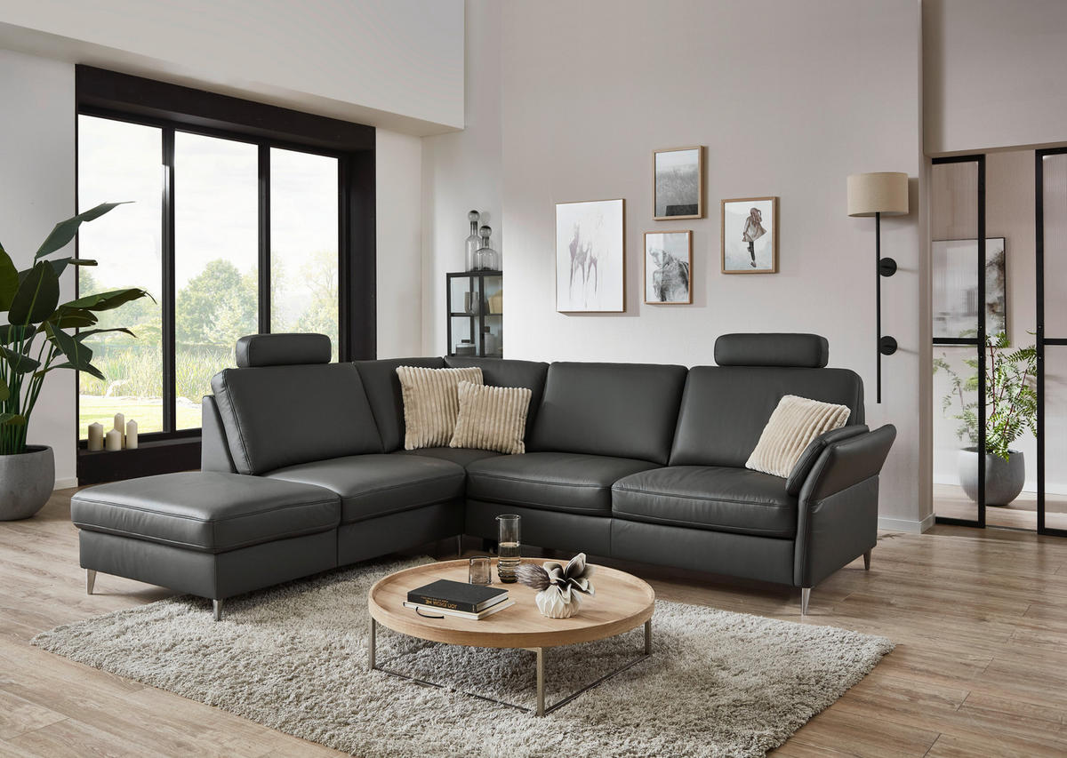 ECKSOFA Beldomo Premium in Echtleder Anthrazit  235/263 cm  - Anthrazit/Alufarben, KONVENTIONELL, Leder/Metall (235/263cm) - Beldomo Premium