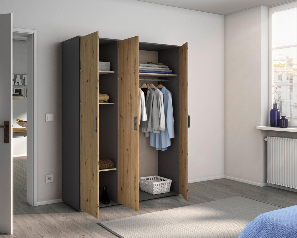 DREHTÜRENSCHRANK 140/194/53 cm 3-türig Grau, Eiche Artisan  - Eiche Artisan/Grau, MODERN, Holzwerkstoff/Kunststoff (140/194/53cm) - Rauch Möbel