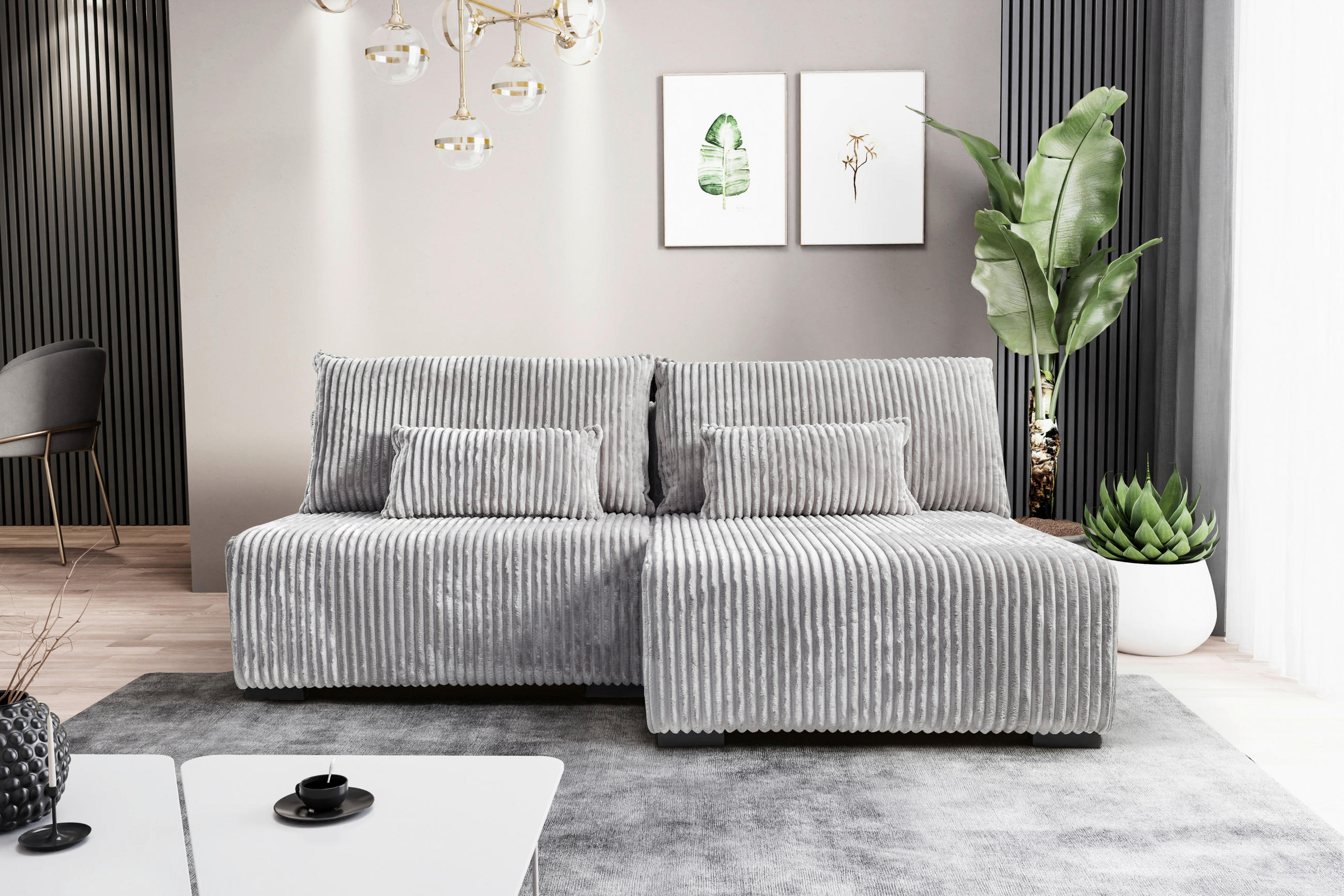 ECKSOFA in Cord Hellgrau  - Hellgrau/Schwarz, Modern, Holz/Textil (210/145cm) - MID.YOU