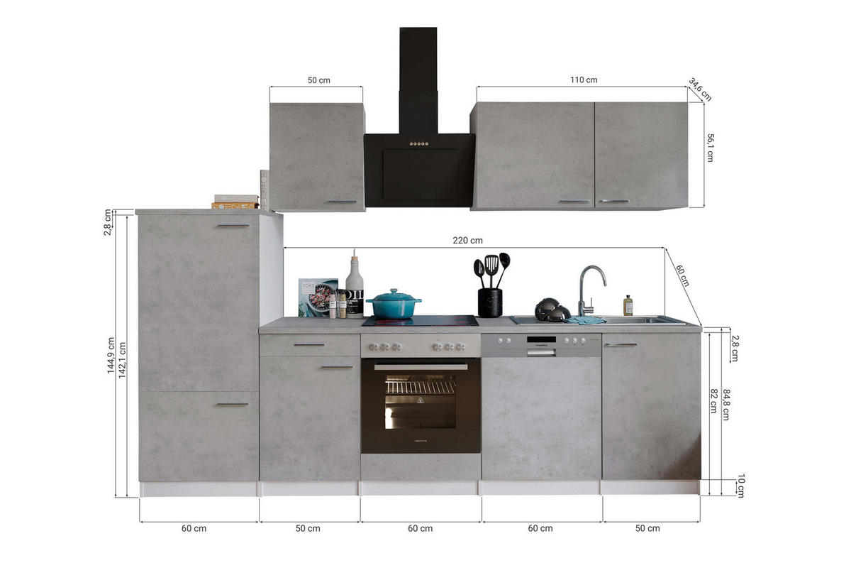 MODULKÖK 280 cm   i grå, vit  - stålfärgad/vit, Basics, metall/trämaterial (280cm) - Respekta