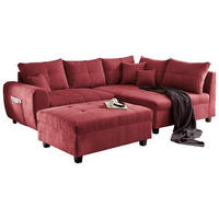 ECKSOFA inkl. Hocker in Mikrovelours Beere  - Beere/Schwarz, Basics, Holzwerkstoff/Kunststoff (248/176cm) - MID.YOU