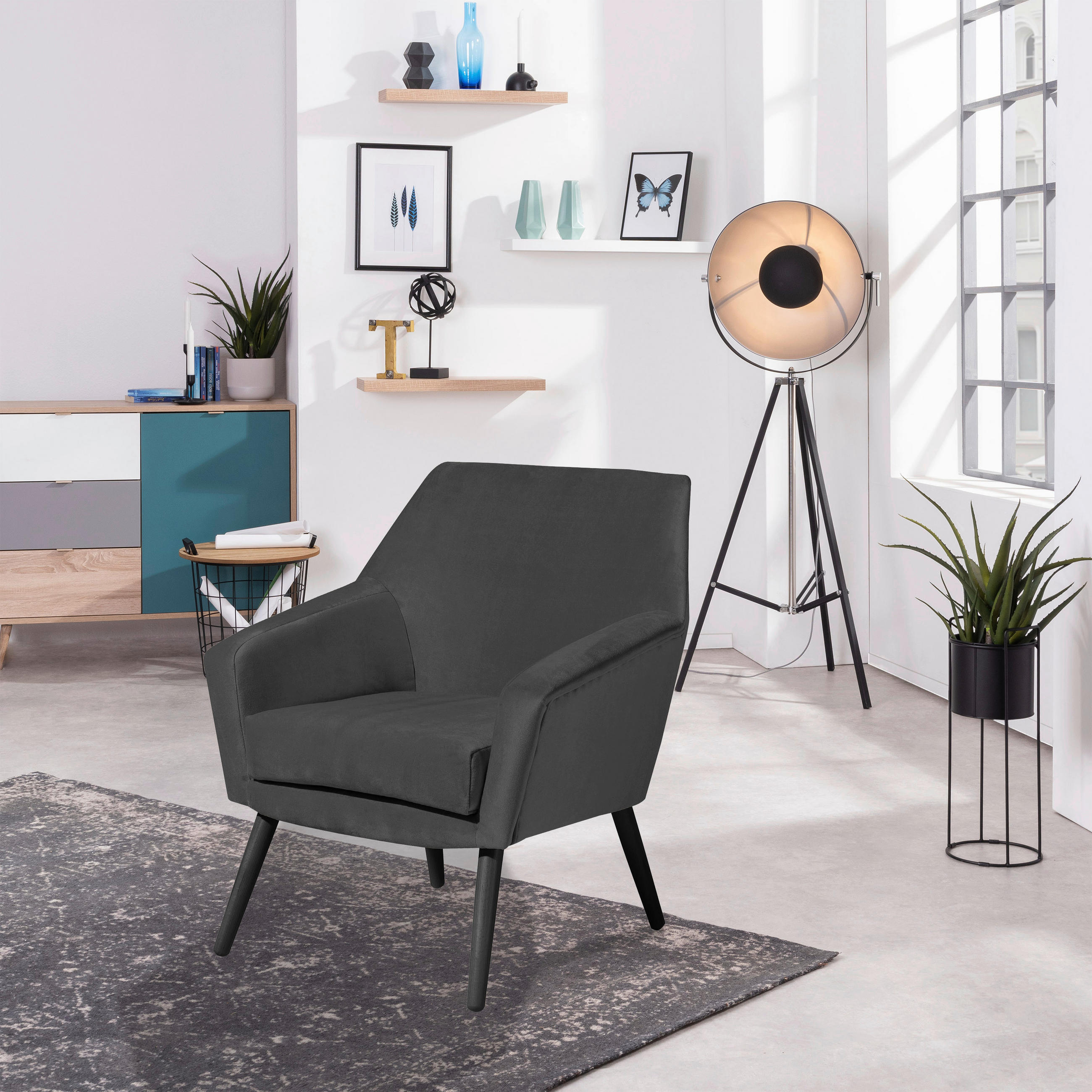 SESSEL in Samt, Velours Anthrazit, Schwarz  - Anthrazit/Schwarz, Design, Holz/Textil (67/81/71cm) - Max Winzer
