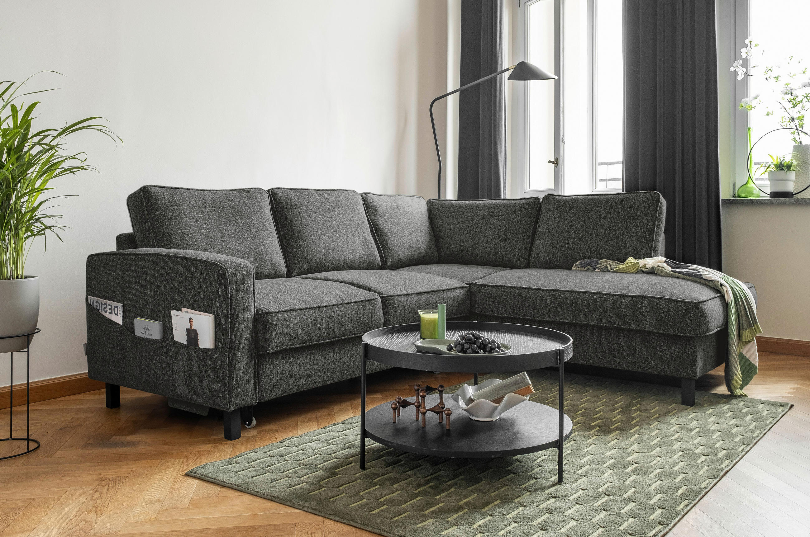 ECKSOFA in Struktur Dunkelgrau  - Dunkelgrau/Schwarz, Holz/Textil (233/198cm) - MID.YOU