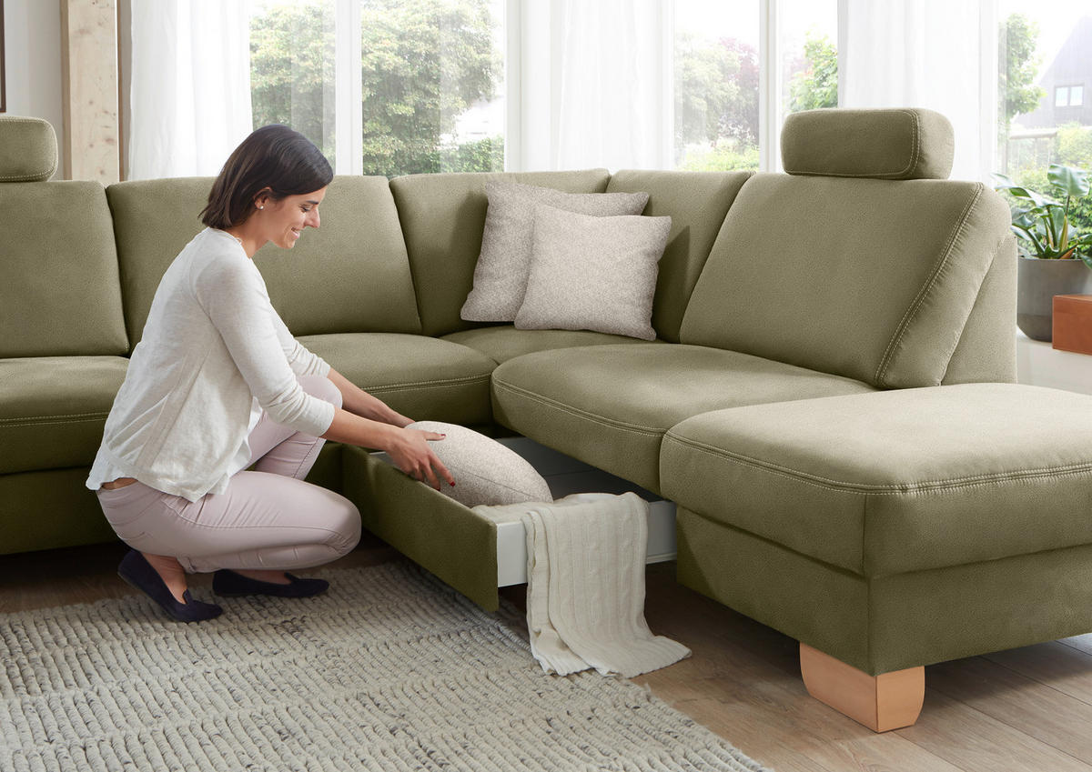 ECKSOFA in Mikrofaser Hellgrün  - Wildeiche/Beige, Natur, Holz/Textil (286/236cm) - Voleo