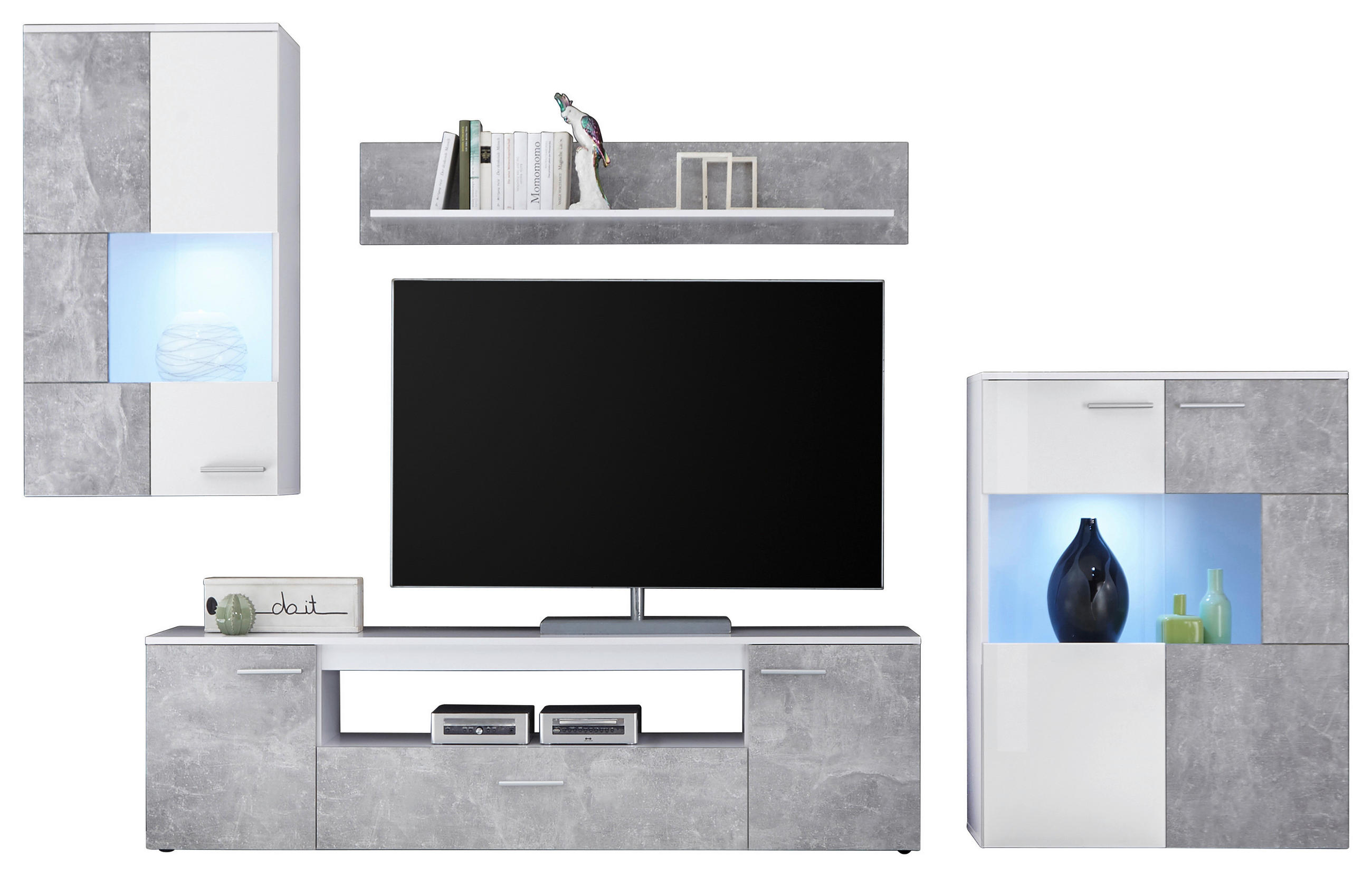 Wohnkombination Modern 4-Tlg. + Led Vulcan, Betonoptik/Weiß