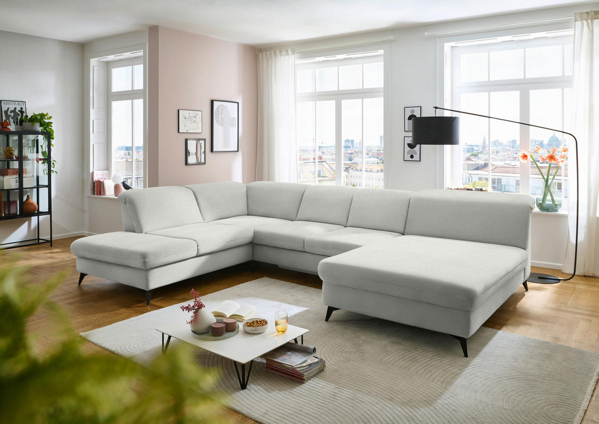 WOHNLANDSCHAFT Chenille Ecru  - Ecru/Schwarz, Design, Textil/Metall (255/369/198cm) - Beldomo Style