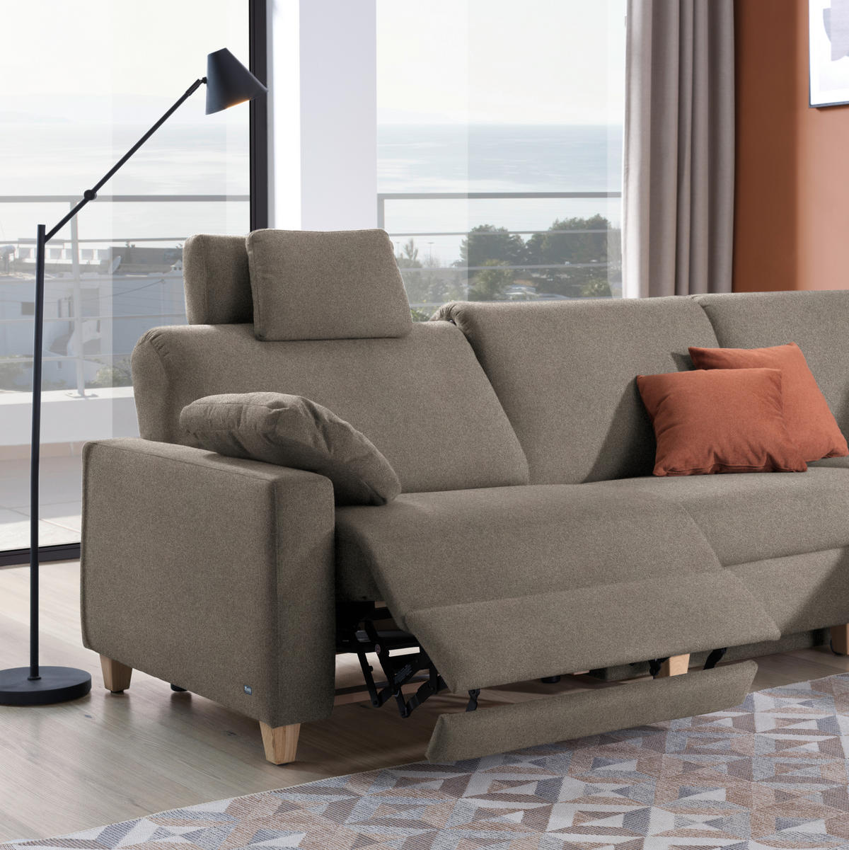 ECKSOFA in Flachgewebe Taupe  261/203 cm  - Taupe/Eichefarben, KONVENTIONELL, Holz/Textil (261/203cm) - Sedda