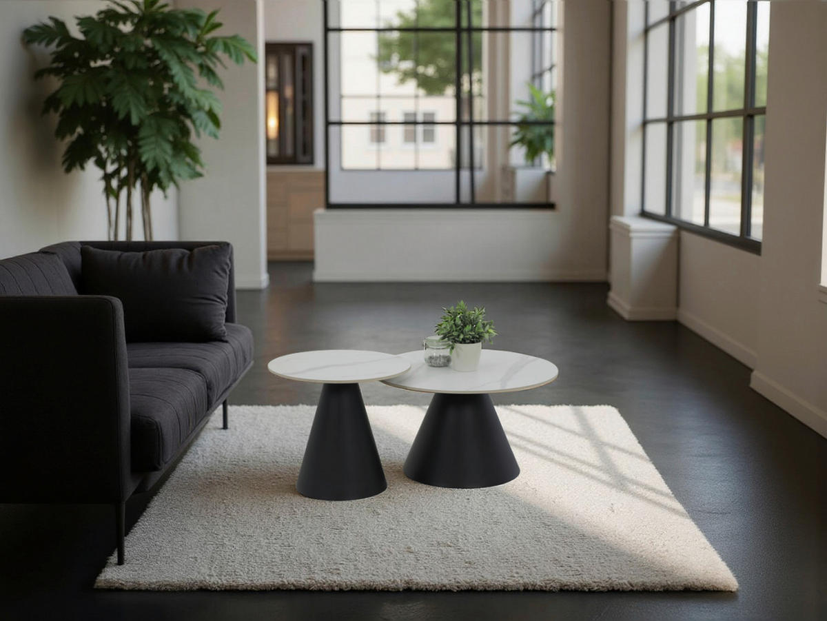 COUCHTISCHSET rund Schwarz, Weiß  - Schwarz/Weiß, Design, Stein/Metall (70/50/40/46cm) - Livetastic