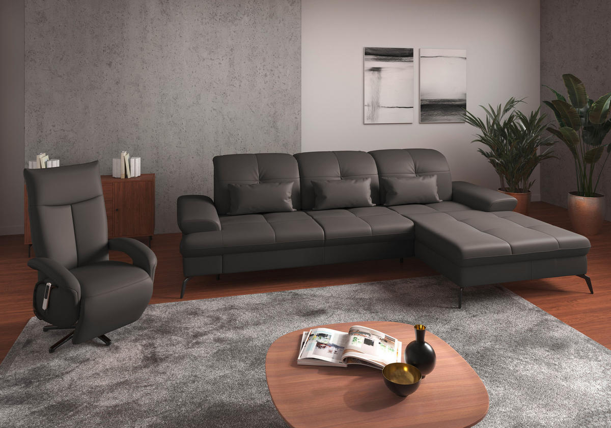 ECKSOFA Mokka Kombination Echtleder/Stoff Vliesstoff  - Schwarz/Mokka, KONVENTIONELL, Leder/Textil (279/185cm) - Sit & More