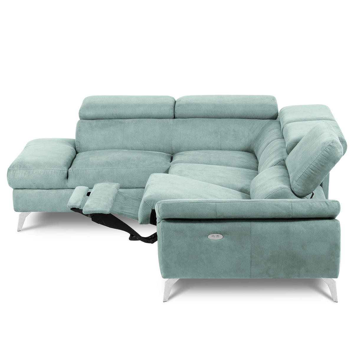 ECKSOFA SONO in Lederlook Hellblau Bettkasten, Armteilverstellung, Kopfteilverstellung  210/265 cm  - Chromfarben/Hellblau, Design, Textil/Metall (210/265cm) - Livetastic