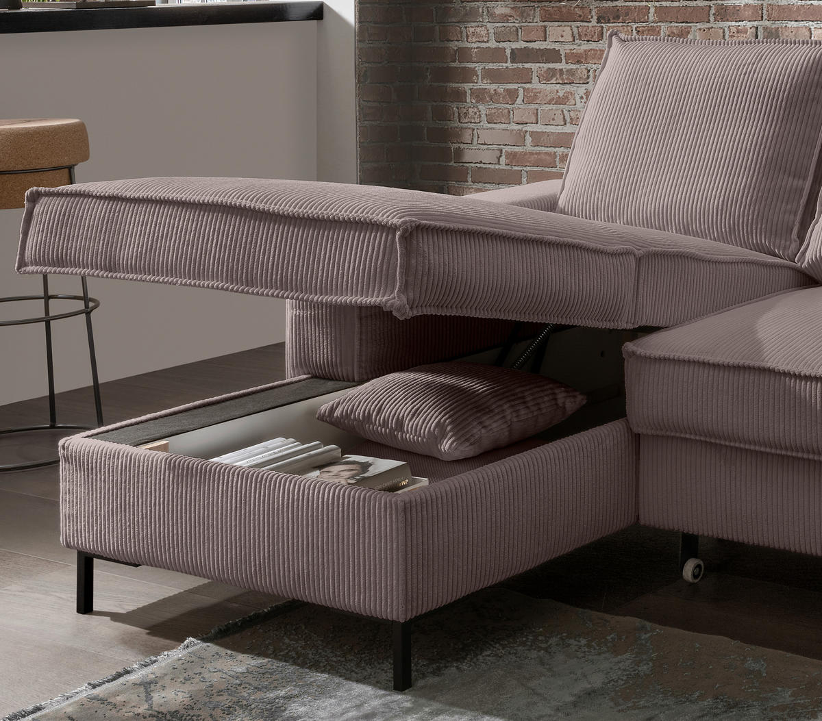 ECKSOFA Graubraun Cord  - Graubraun/Schwarz, MODERN, Textil/Metall (150/240cm) - Livetastic