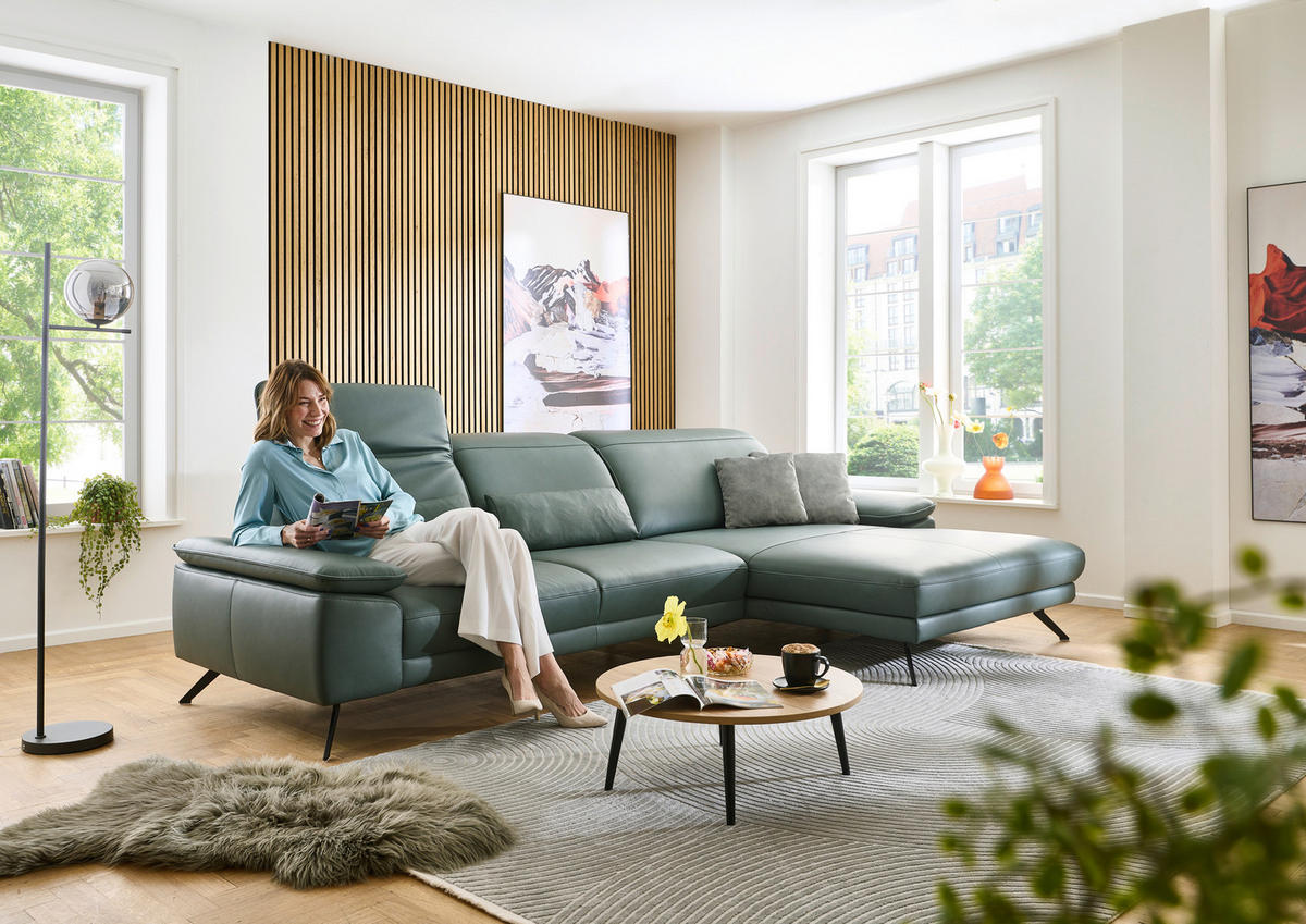 ECKSOFA Opal Echtleder  - Opal/Schwarz, Design, Leder/Metall (332/193cm) - Dieter Knoll