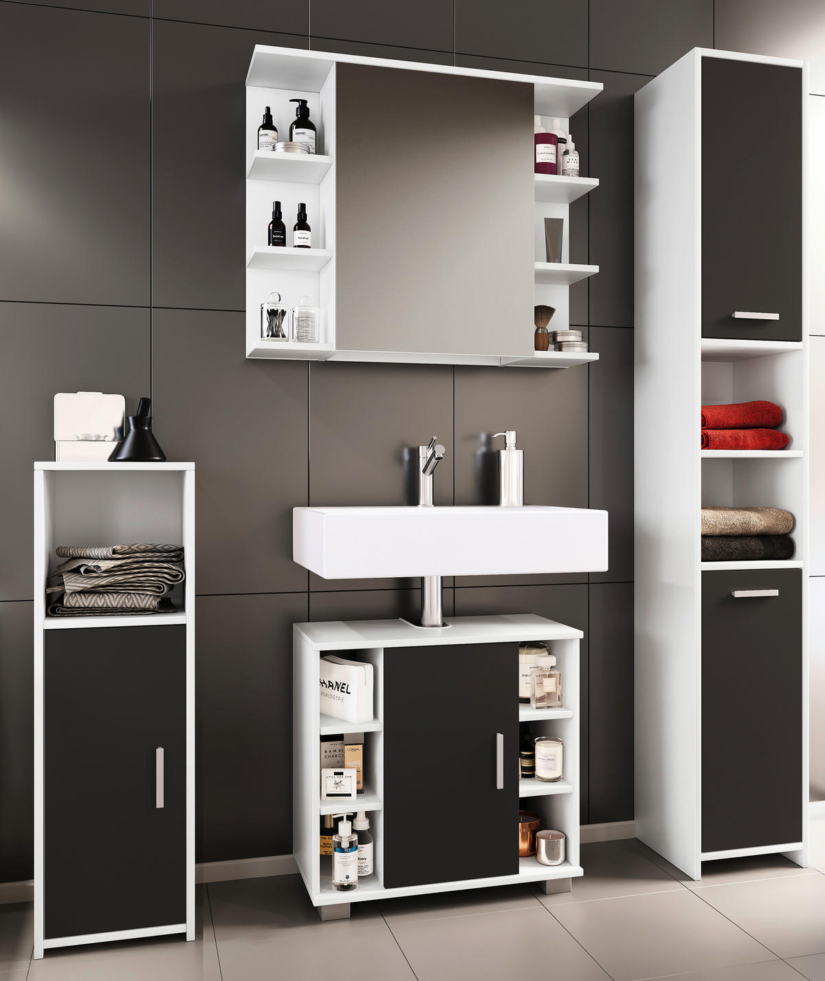 BADEZIMMER 4-teilig  in 120 cm  - Schwarz/Weiß, MODERN, Holzwerkstoff (120cm) - MID.YOU