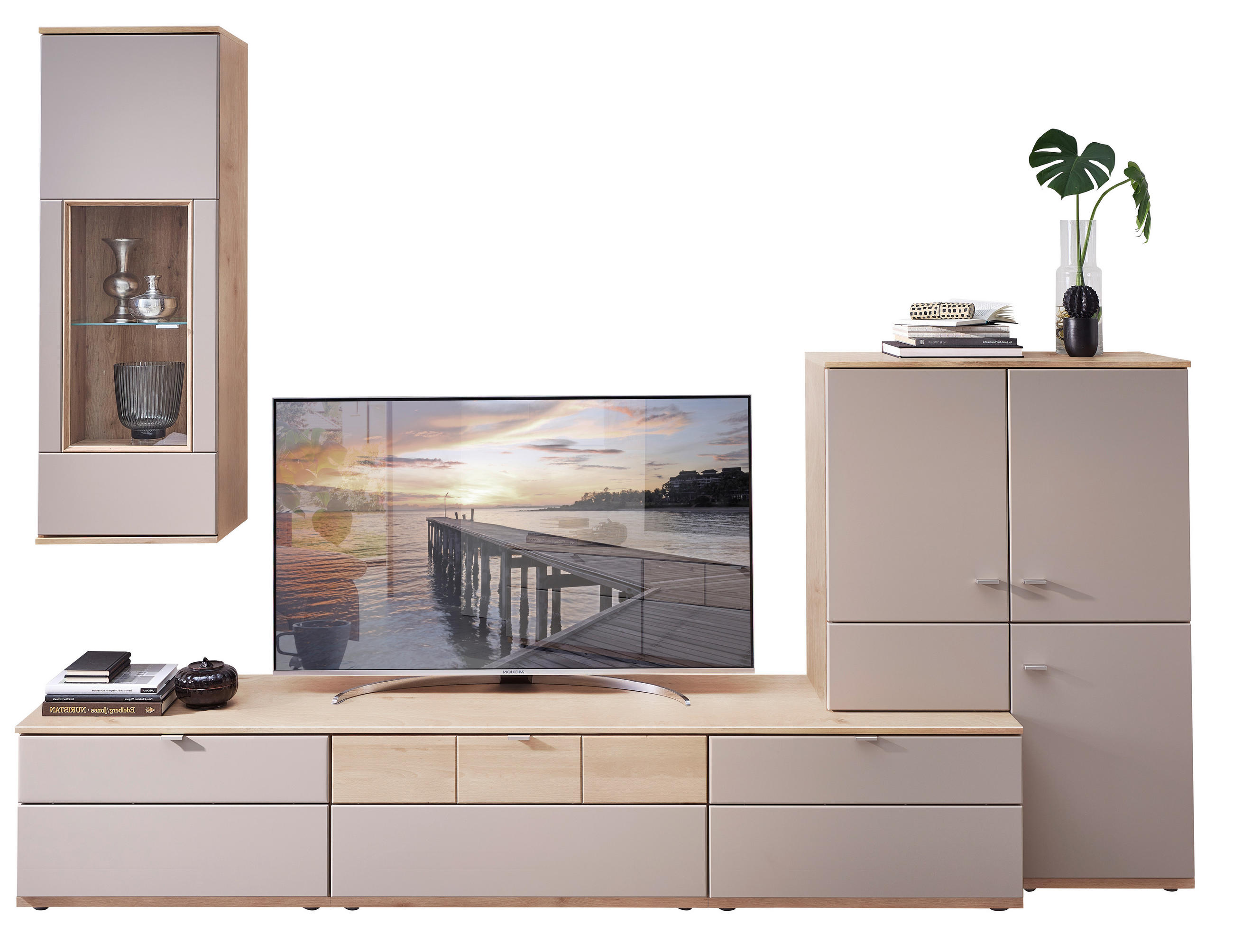 WOHNWAND  in Grau, Buchefarben  285/215/53 cm  - Silberfarben/Buchefarben, KONVENTIONELL, Glas/Holzwerkstoff (285/215/53cm) - Venda