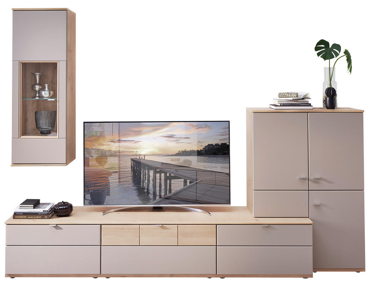 WOHNWAND  in Grau, Buchefarben  285/215/53 cm  - Silberfarben/Buchefarben, KONVENTIONELL, Glas/Holzwerkstoff (285/215/53cm) - Venda