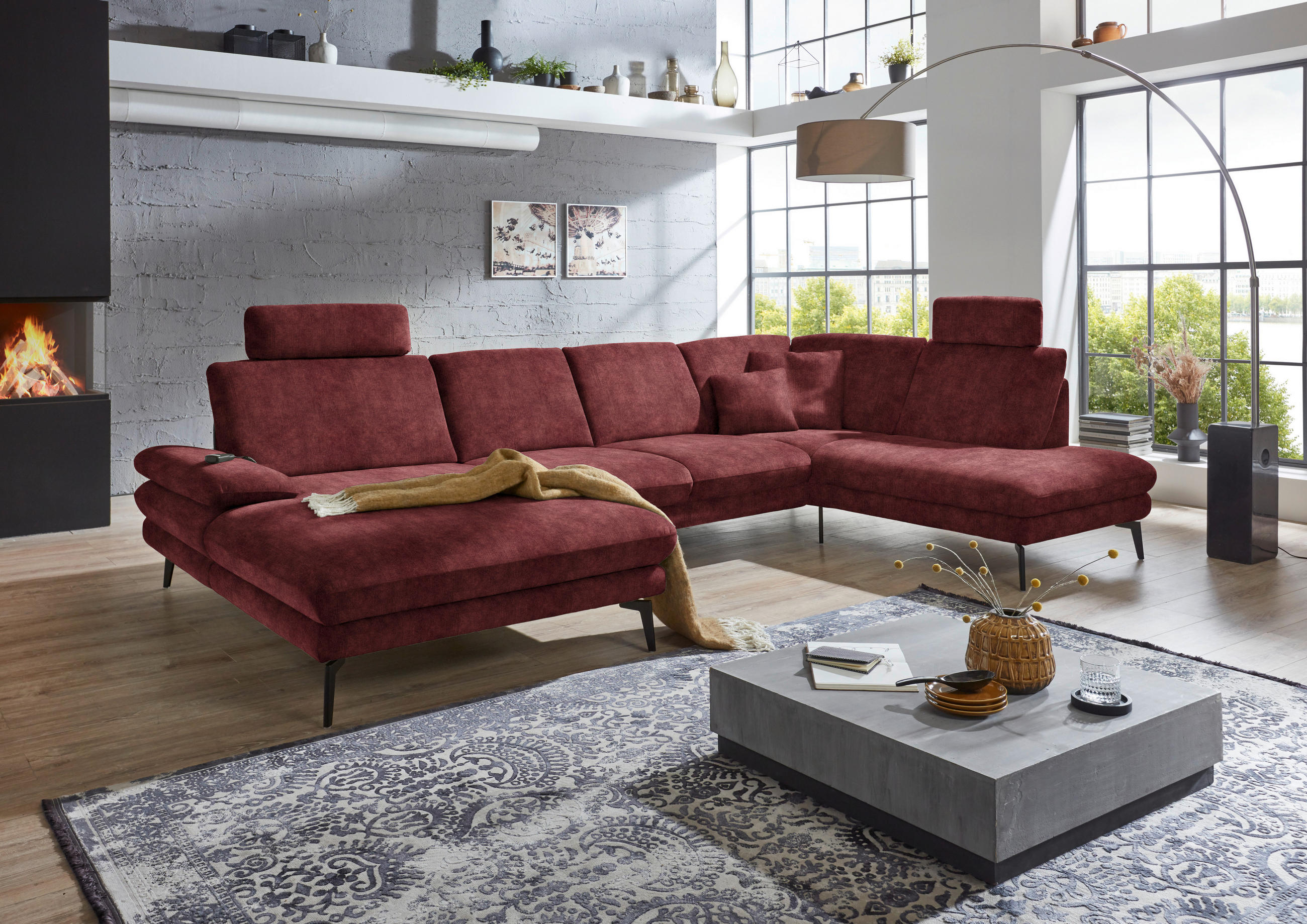 WOHNLANDSCHAFT in Velours Weinrot  - Weinrot/Schwarz, Design, Textil/Metall (180/344/208cm) - Dieter Knoll