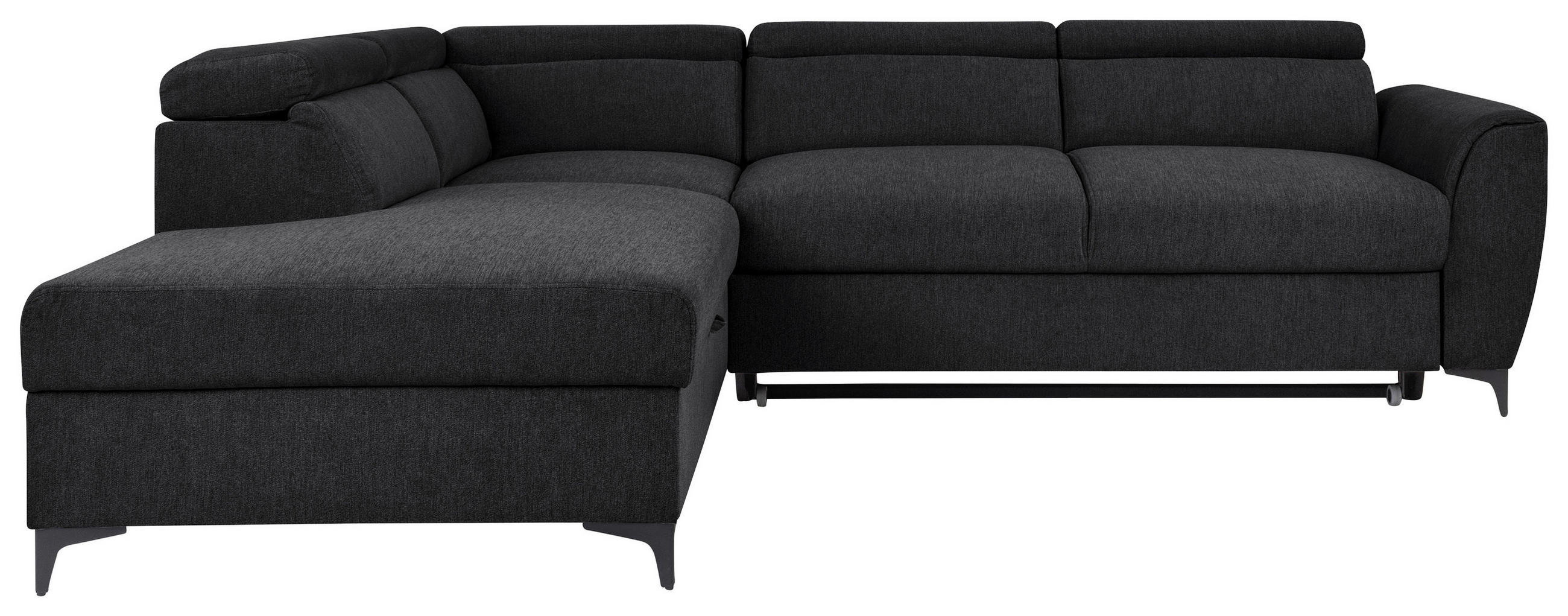 ECKSOFA Schwarz Velours Bettkasten, Schlaffunktion, Rücken echt, Kopfteilverstellung, Liegefläche im Originalstoff  - Schwarz, KONVENTIONELL, Textil/Metall (217/255cm) - Carryhome