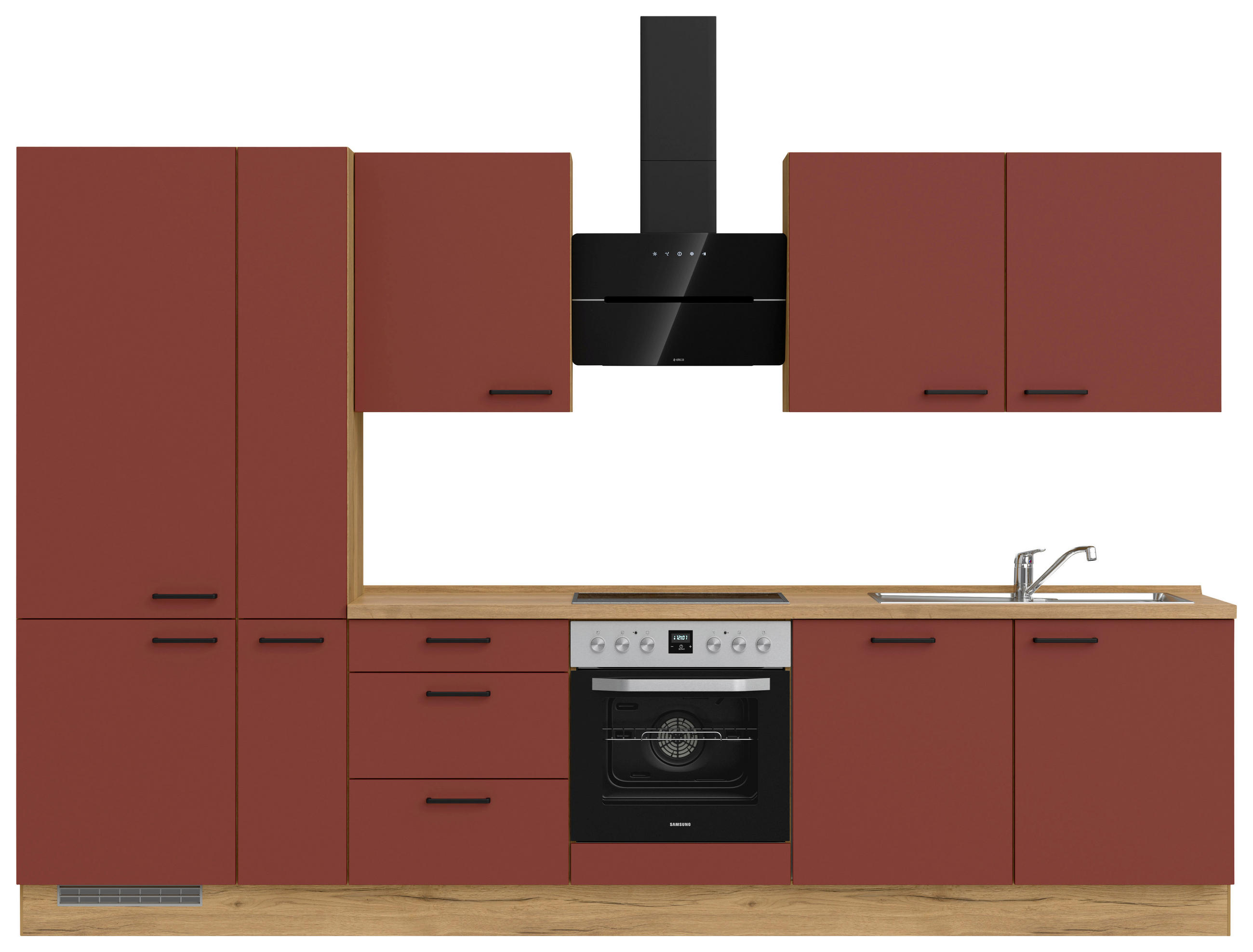 KÜCHENBLOCK 330 cm   in Eichefarben, Dunkelrot  - Eichefarben/Schwarz, MODERN, Holzwerkstoff/Metall (330cm) - Nobilia