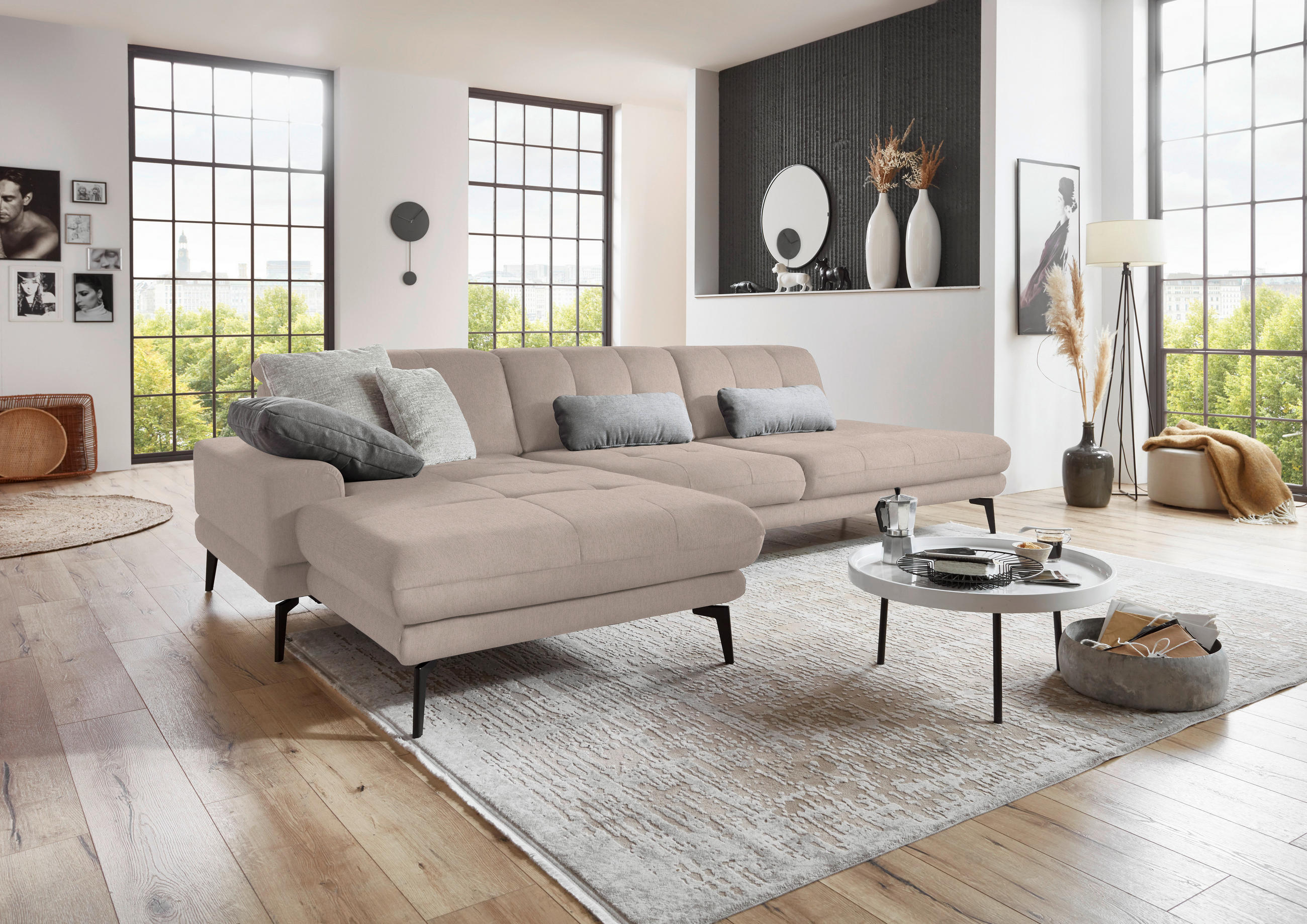 ECKSOFA in Flachgewebe Naturfarben  - Schwarz/Naturfarben, Design, Textil/Metall (190/309cm) - Beldomo Style