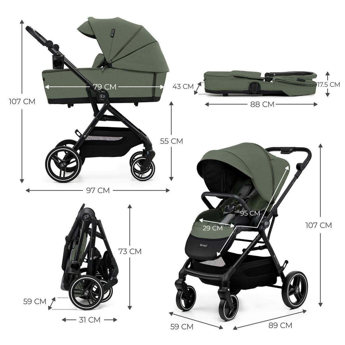 KINDERWAGEN Yoxi 3in1  - Olivgrün, Basics, Kunststoff (107/59/97cm) - Kinderkraft