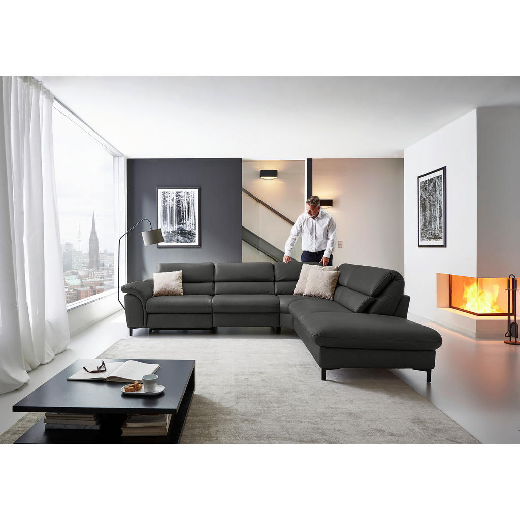 Thumbnail - Hukla Ecksofa Valdera, Schwarz, Leder, Echtleder, Semi-Anilinleder, 3-Sitzer, Eckteil, L-Form, 280x246 cm, Goldenes M, M...