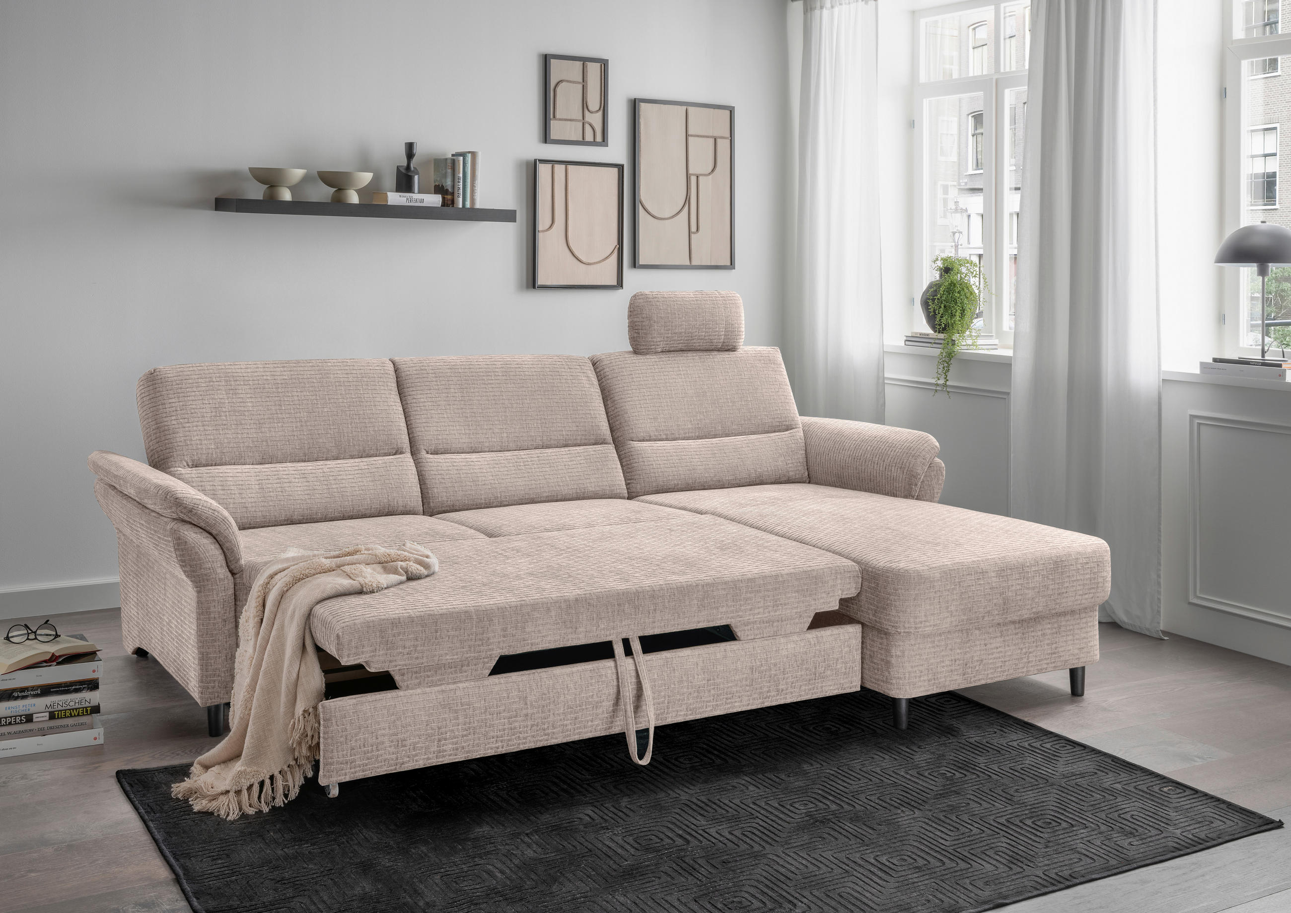 ECKSOFA Beige Mikrofaser  - Beige/Schwarz, MODERN, Holz/Textil (279/176cm) - Livetastic