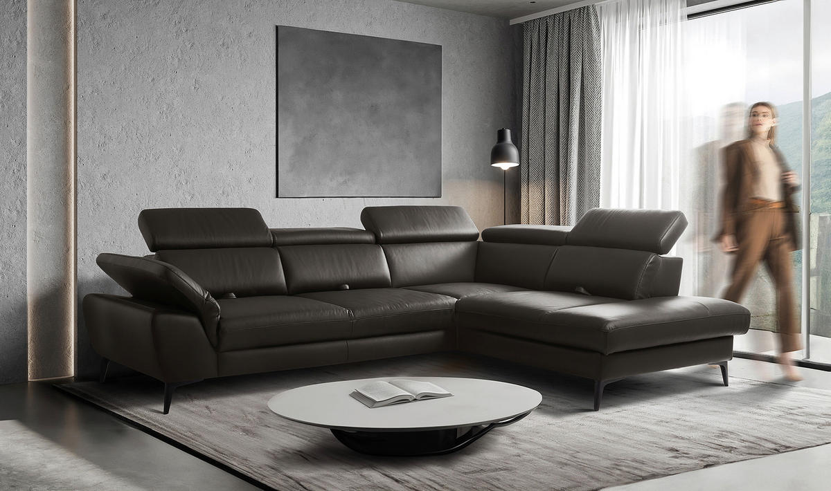 ECKSOFA  in Lederlook Echtleder Dunkelbraun  274/220 cm  - Dunkelbraun/Schwarz, Design, Leder/Textil (274/220cm) - Livetastic
