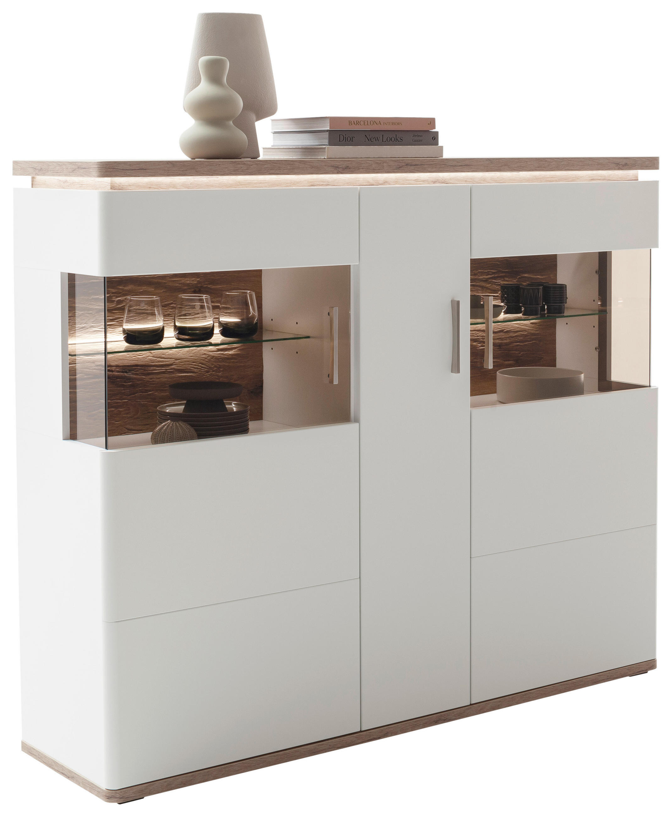 HIGHBOARD Tbilisi  in 150/124/38 cm  - Weiss/Eichefarben, Design, Glas/Holzwerkstoff (150/124/38cm) - Livetastic
